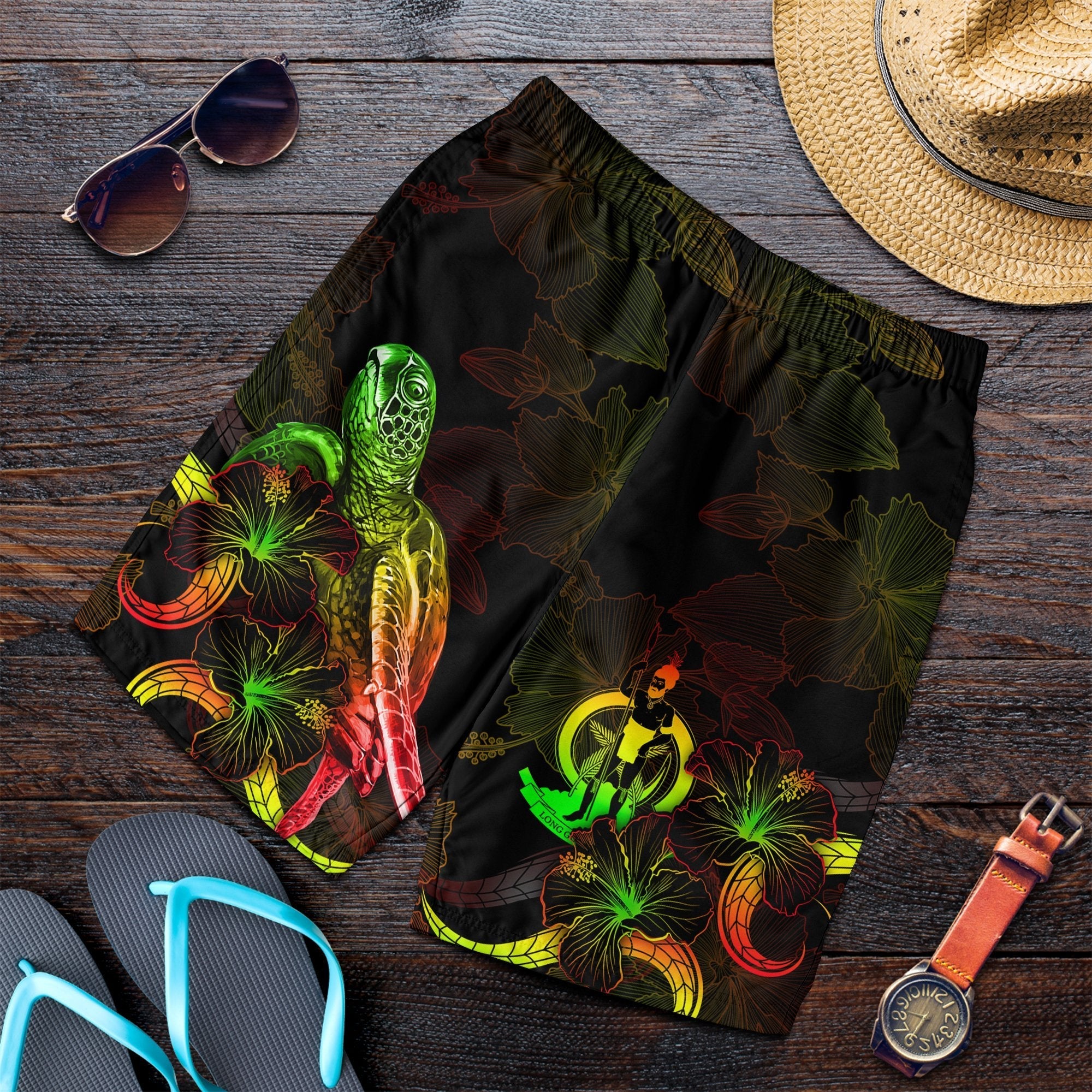 Vanuatu Polynesian Men's Shorts - Turtle With Blooming Hibiscus Reggae - Vibe Hoodie Shop