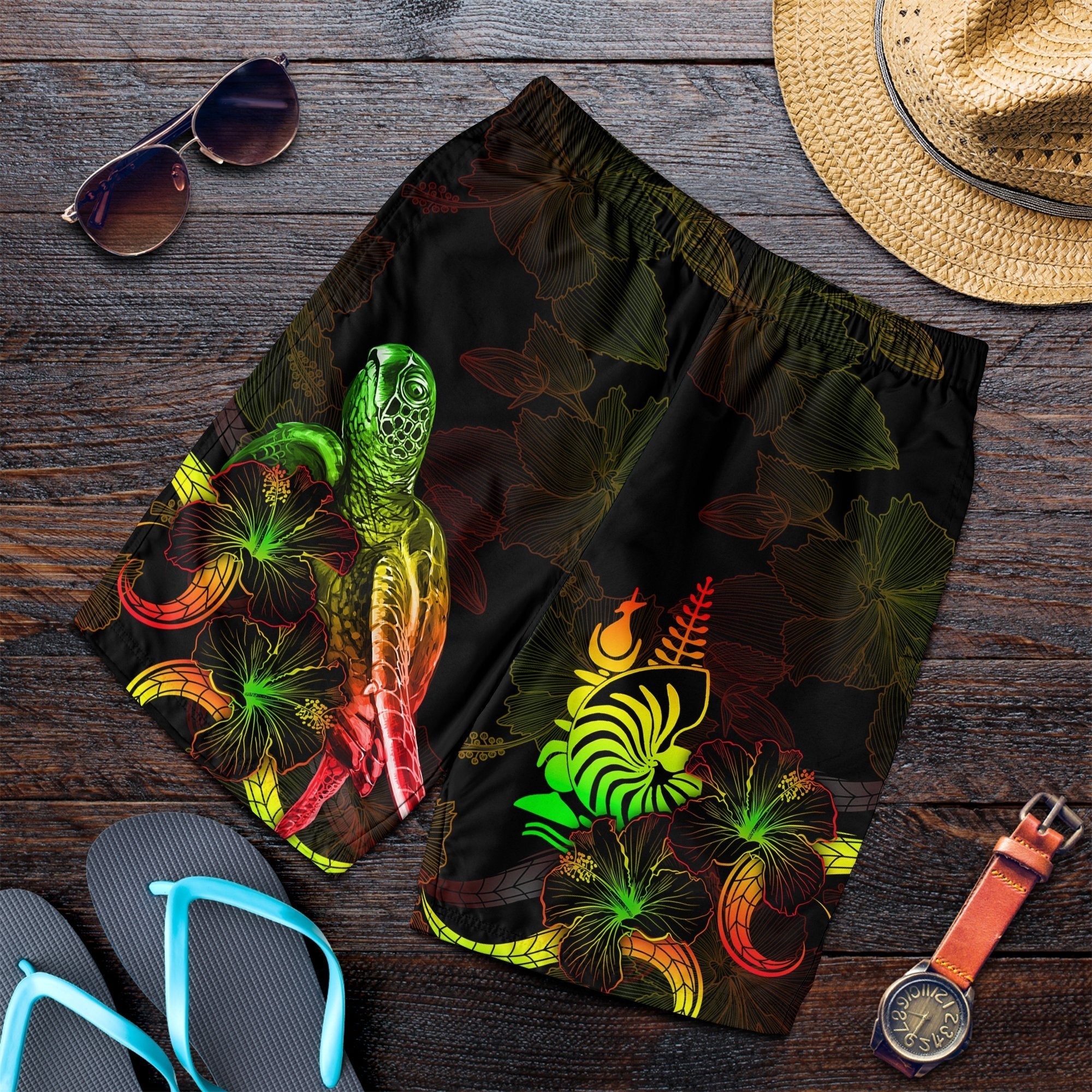 New Caledonia Polynesian Men's Shorts - Turtle With Blooming Hibiscus Reggae - Vibe Hoodie Shop