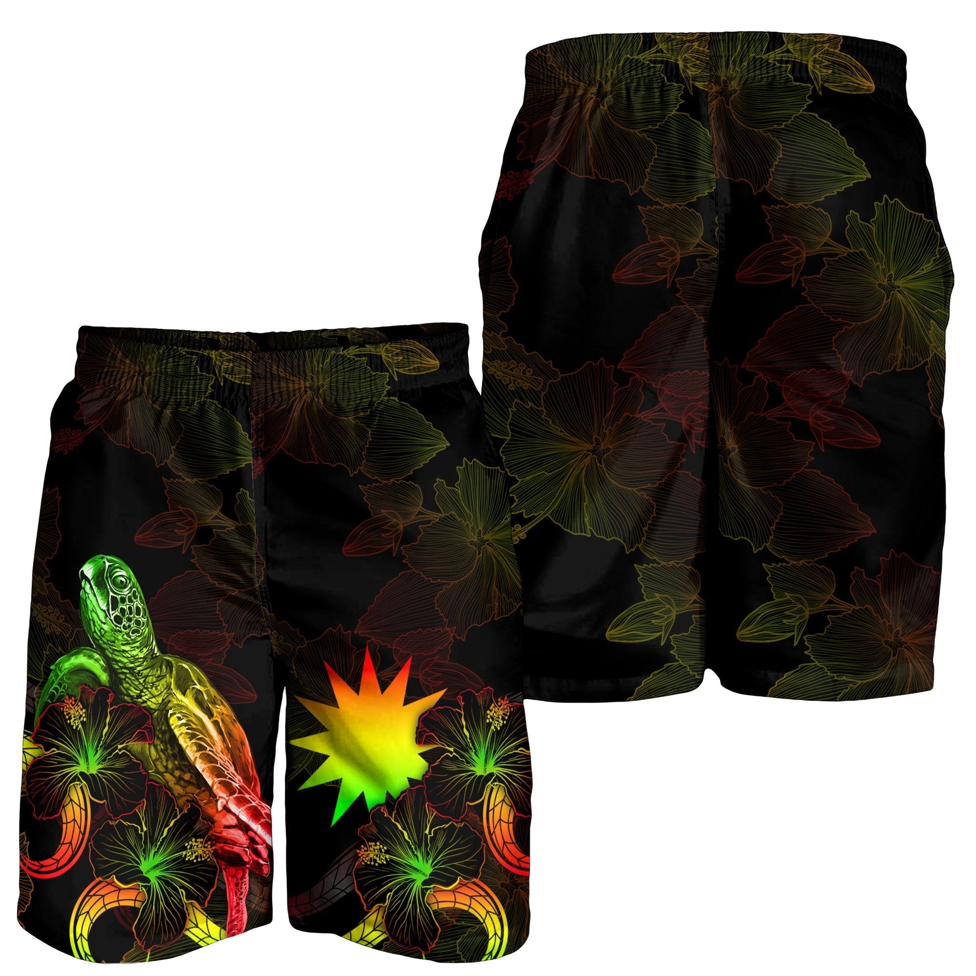 Nauru Polynesian Men's Shorts - Turtle With Blooming Hibiscus Reggae - Vibe Hoodie Shop