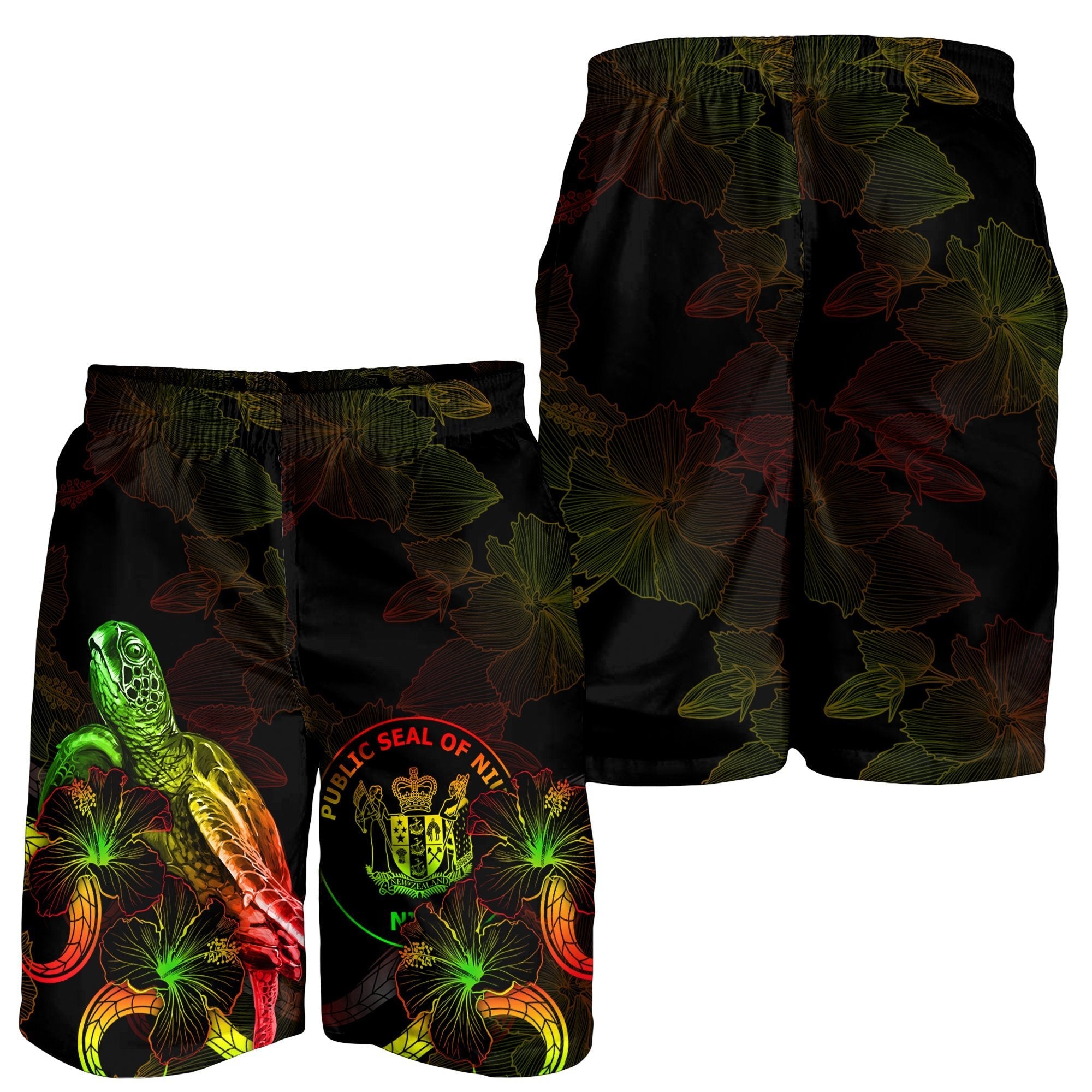 Niue Polynesian Men's Shorts - Turtle With Blooming Hibiscus Reggae - Vibe Hoodie Shop