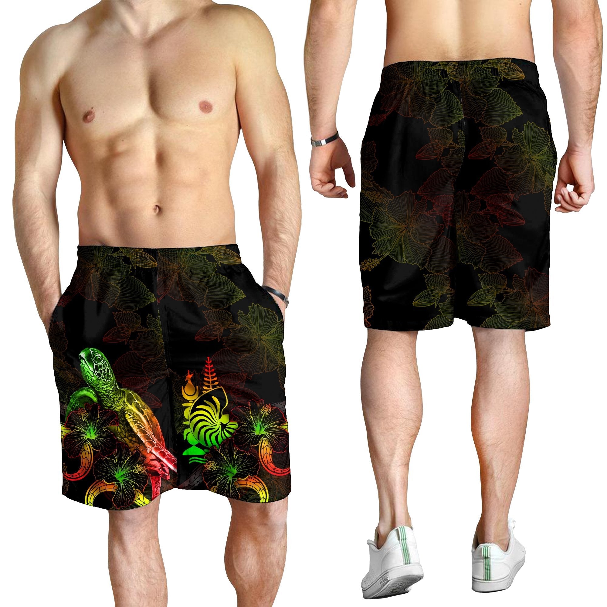 New Caledonia Polynesian Men's Shorts - Turtle With Blooming Hibiscus Reggae - Vibe Hoodie Shop