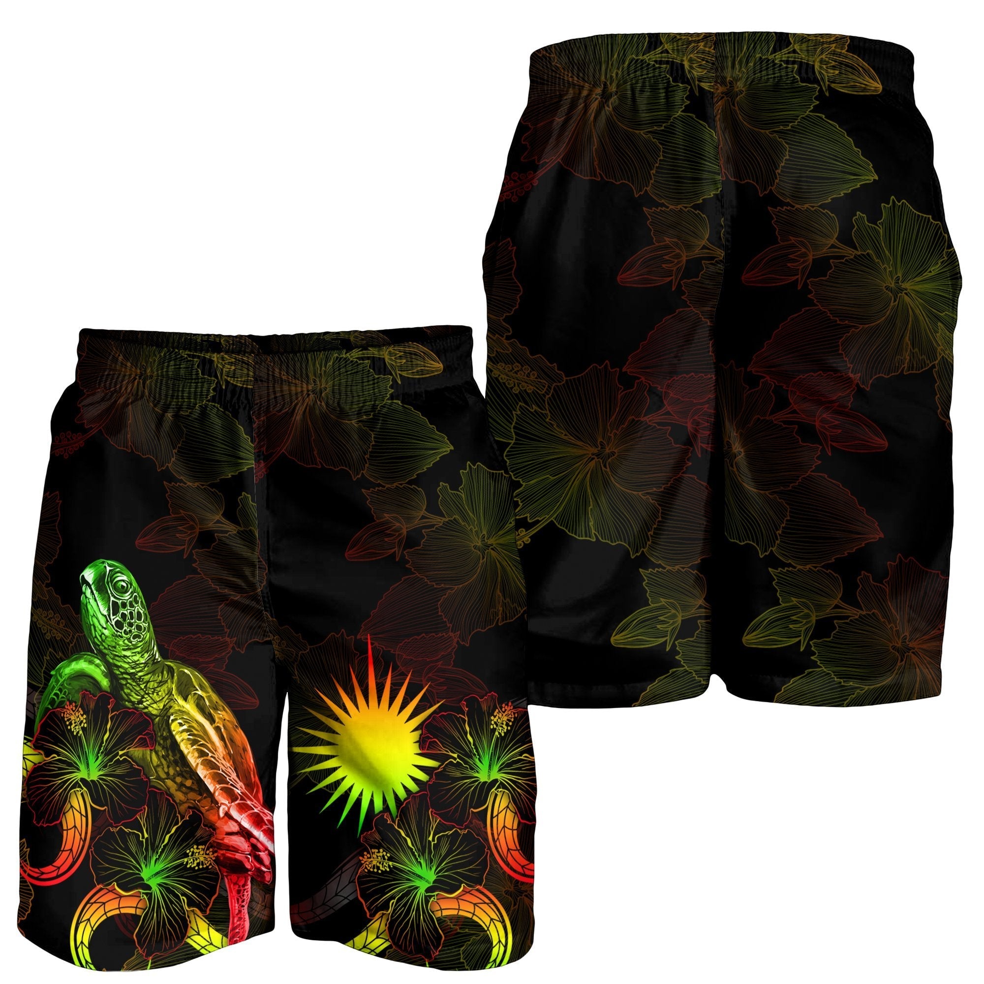 Marshall Islands Polynesian Men's Shorts - Turtle With Blooming Hibiscus Reggae - Vibe Hoodie Shop