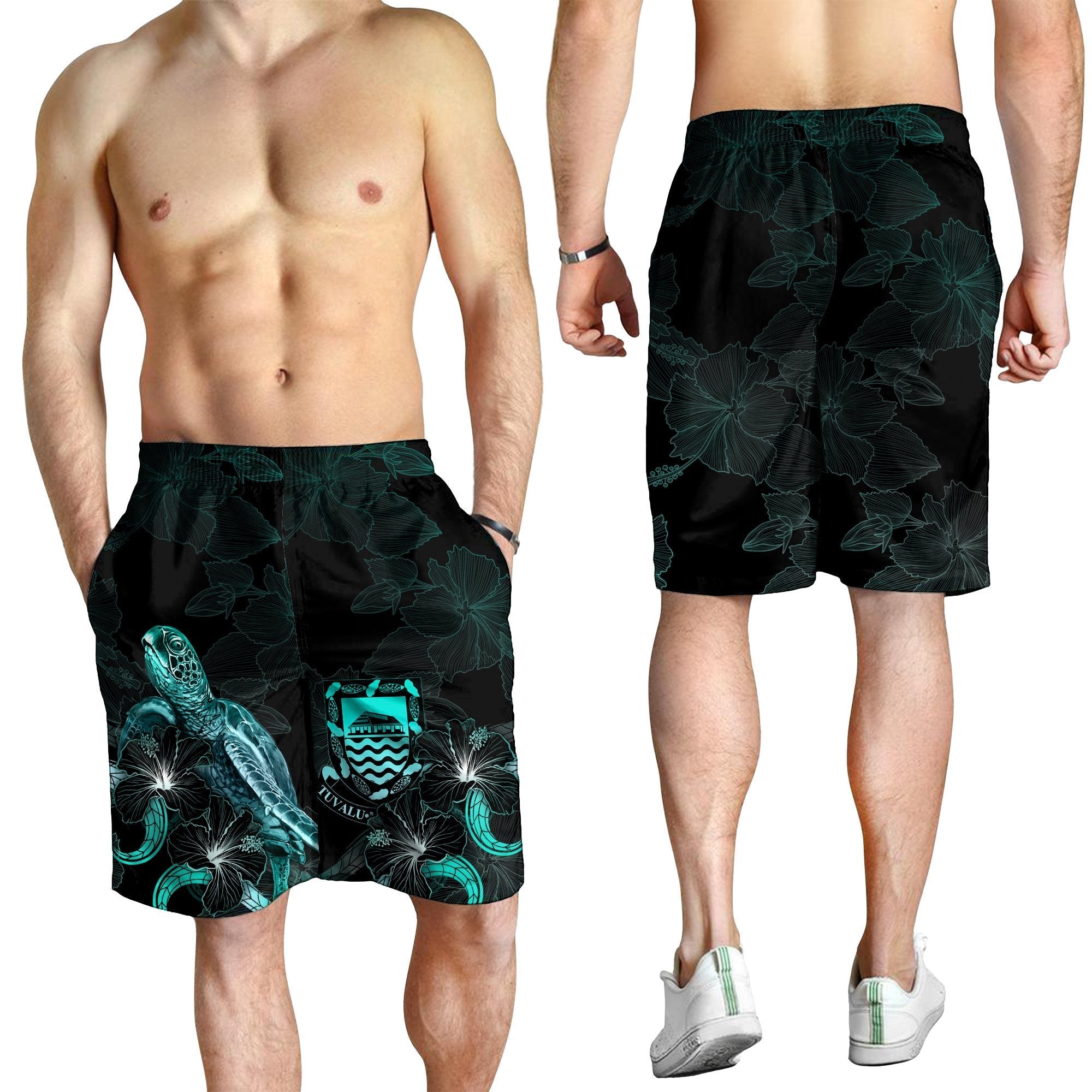 Tuvalu Polynesian Men's Shorts - Turtle With Blooming Hibiscus Turquoise - Vibe Hoodie Shop