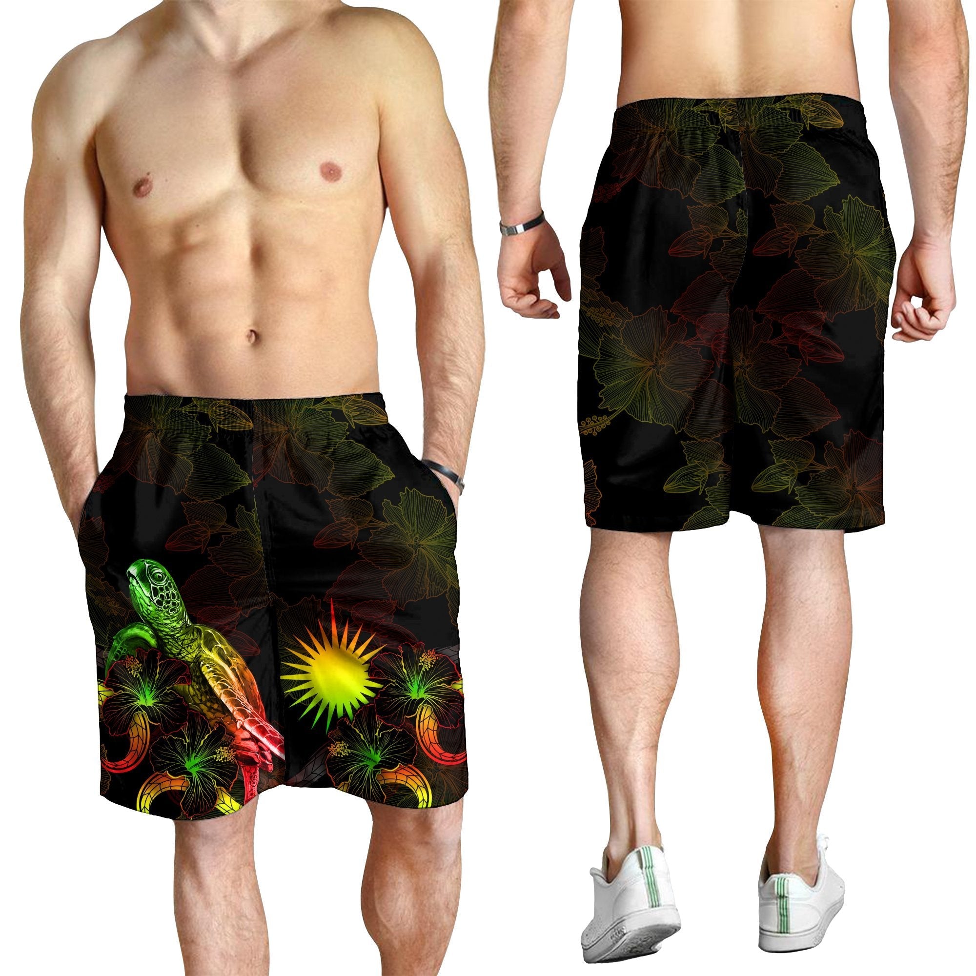 Marshall Islands Polynesian Men's Shorts - Turtle With Blooming Hibiscus Reggae - Vibe Hoodie Shop