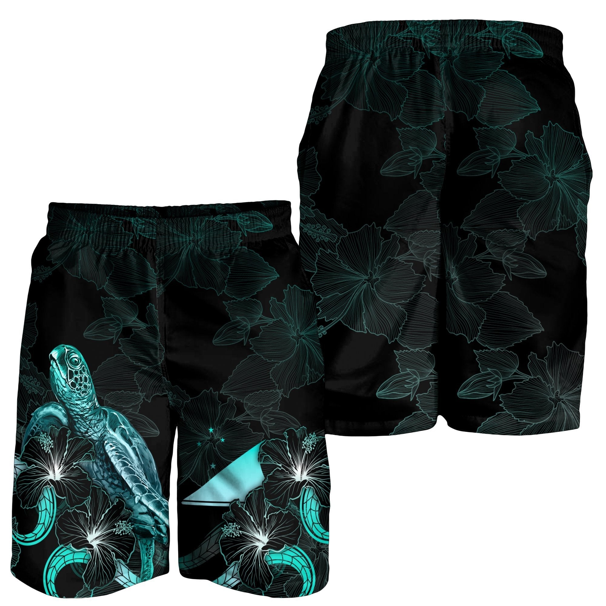 Tokelau Polynesian Men's Shorts - Turtle With Blooming Hibiscus Turquoise - Vibe Hoodie Shop