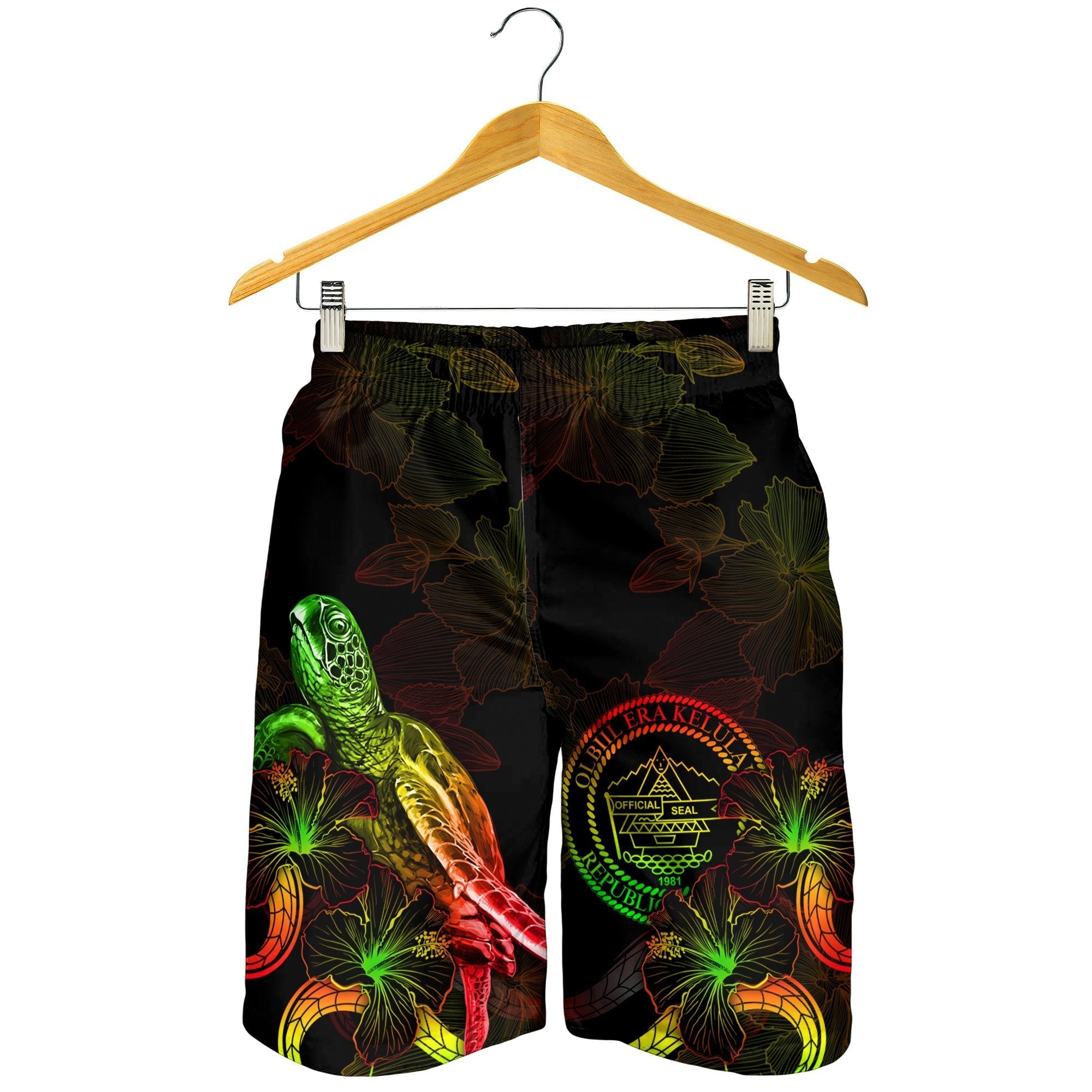 Palau Polynesian Men's Shorts - Turtle With Blooming Hibiscus Reggae - Vibe Hoodie Shop