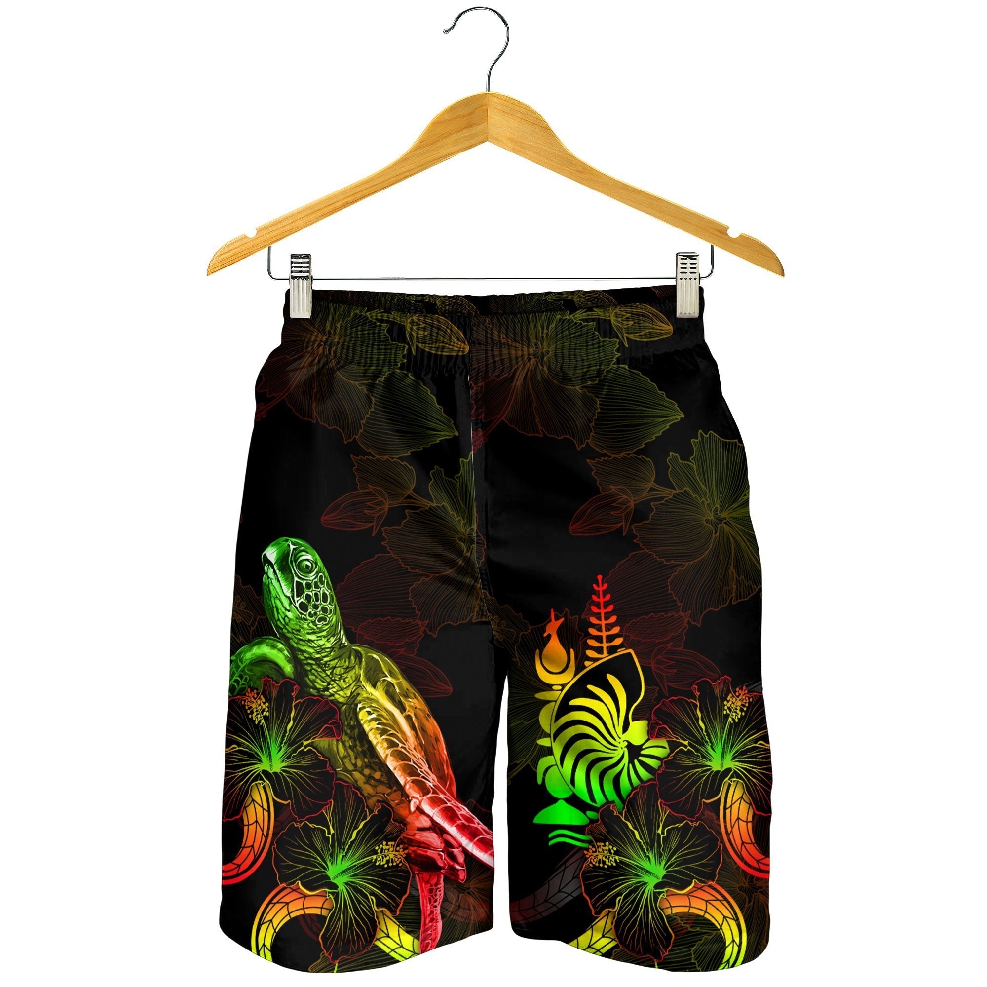 New Caledonia Polynesian Men's Shorts - Turtle With Blooming Hibiscus Reggae - Vibe Hoodie Shop