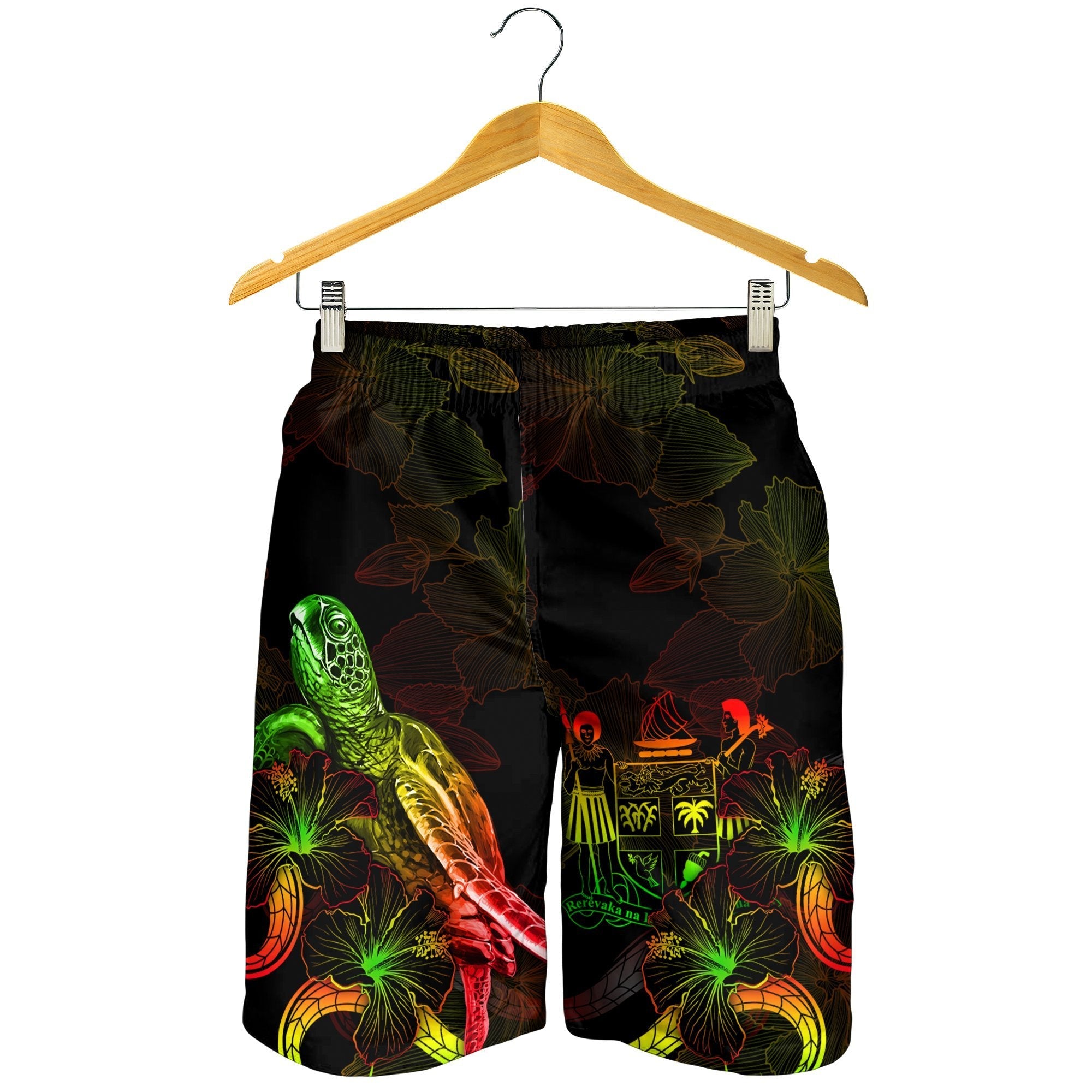 Fiji Polynesian Men's Shorts - Turtle With Blooming Hibiscus Reggae - Vibe Hoodie Shop