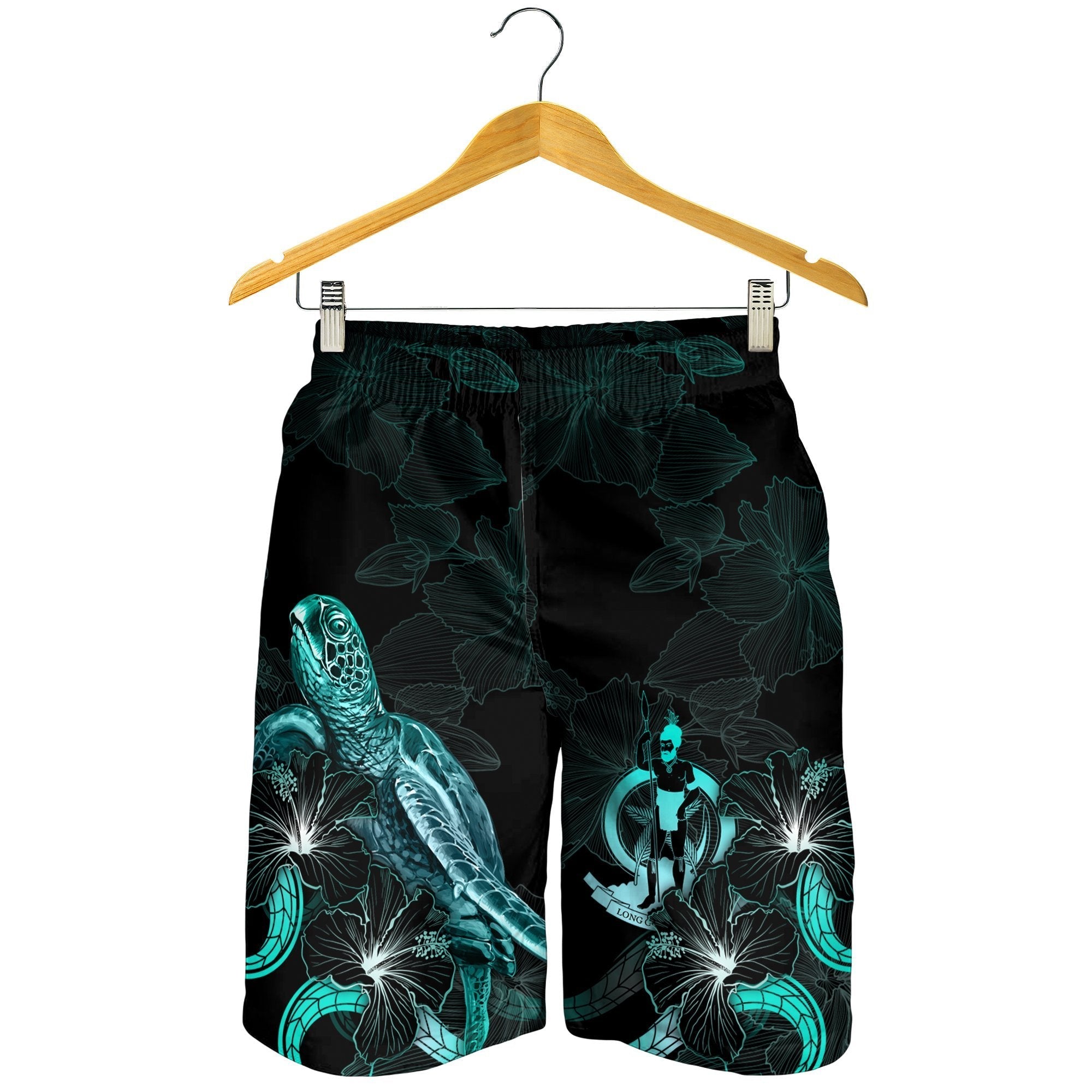 Vanuatu Polynesian Men's Shorts - Turtle With Blooming Hibiscus Turquoise - Vibe Hoodie Shop