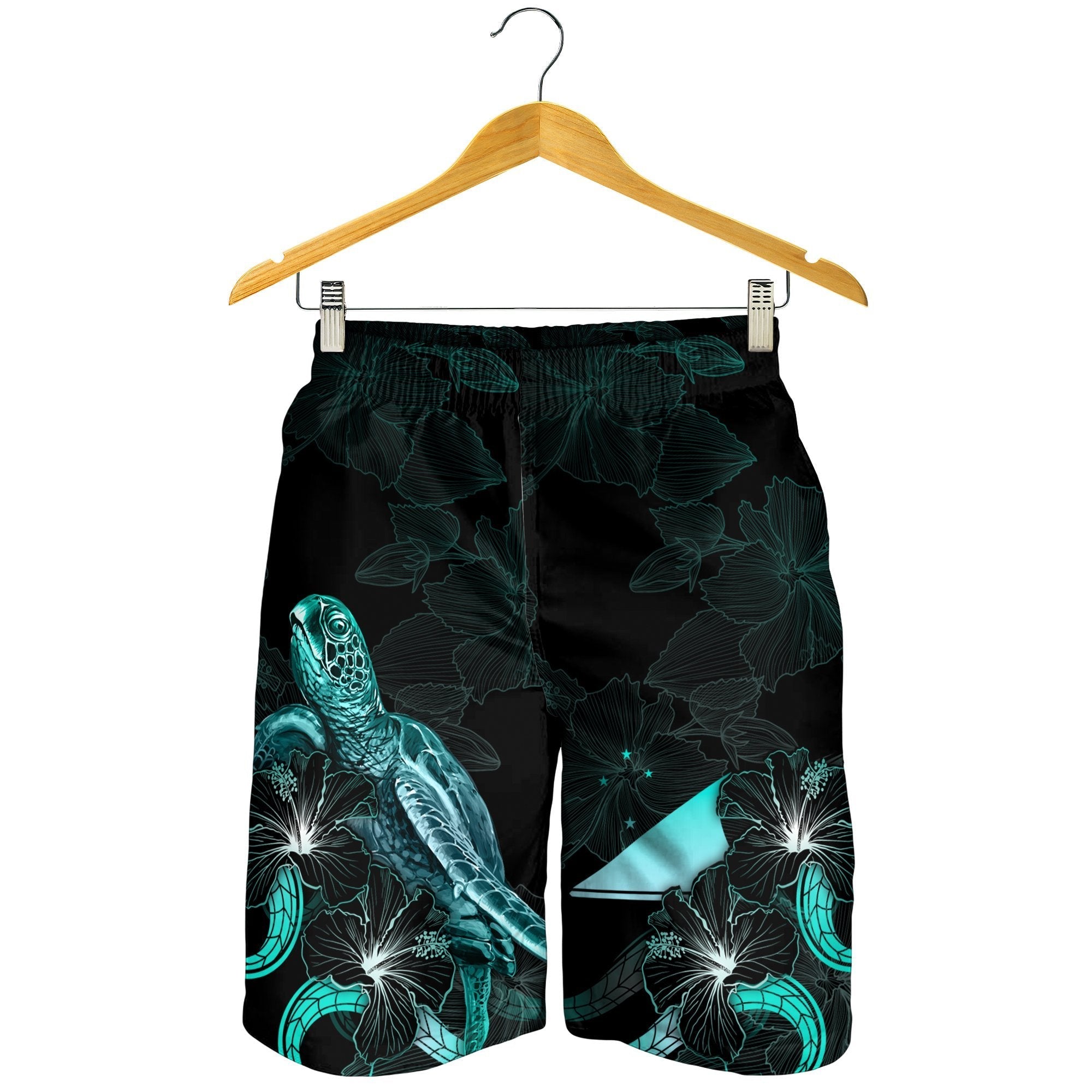 Tokelau Polynesian Men's Shorts - Turtle With Blooming Hibiscus Turquoise - Vibe Hoodie Shop