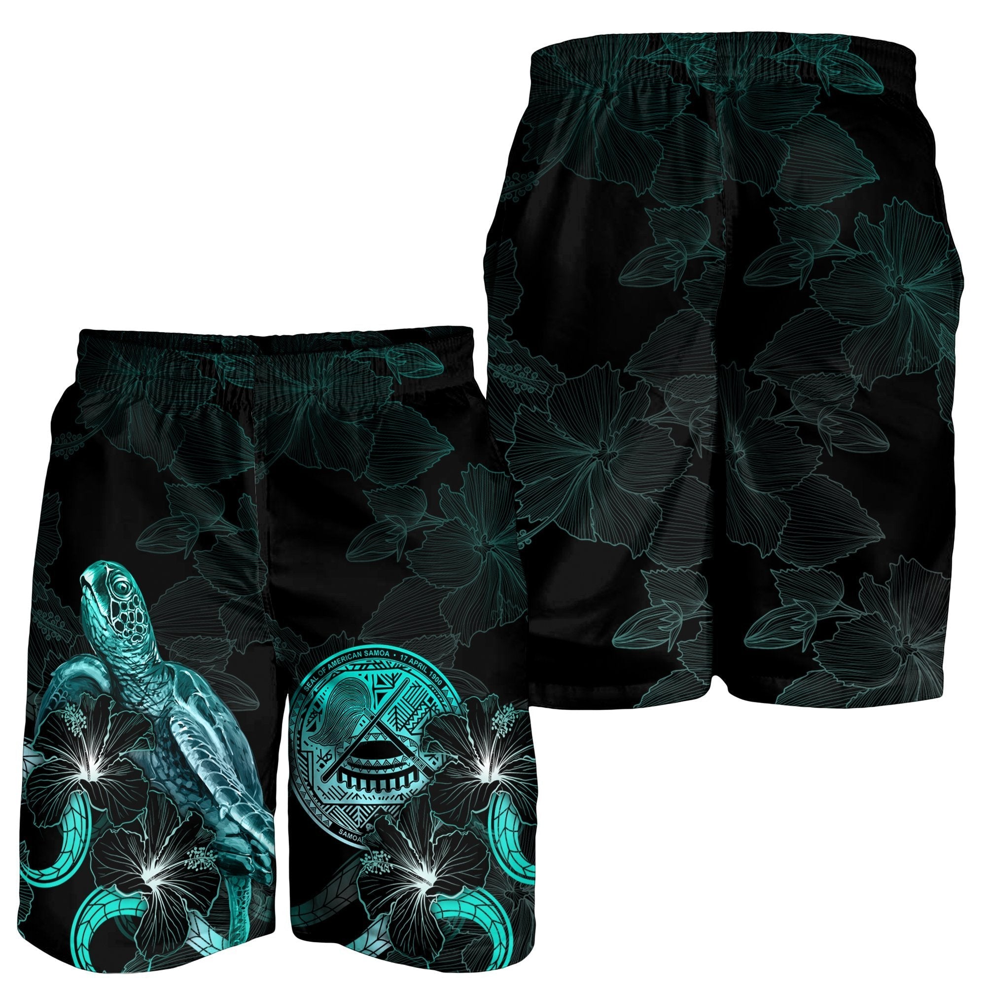 American Samoa Polynesian Men's Shorts - Turtle With Blooming Hibiscus Turquoise - Vibe Hoodie Shop