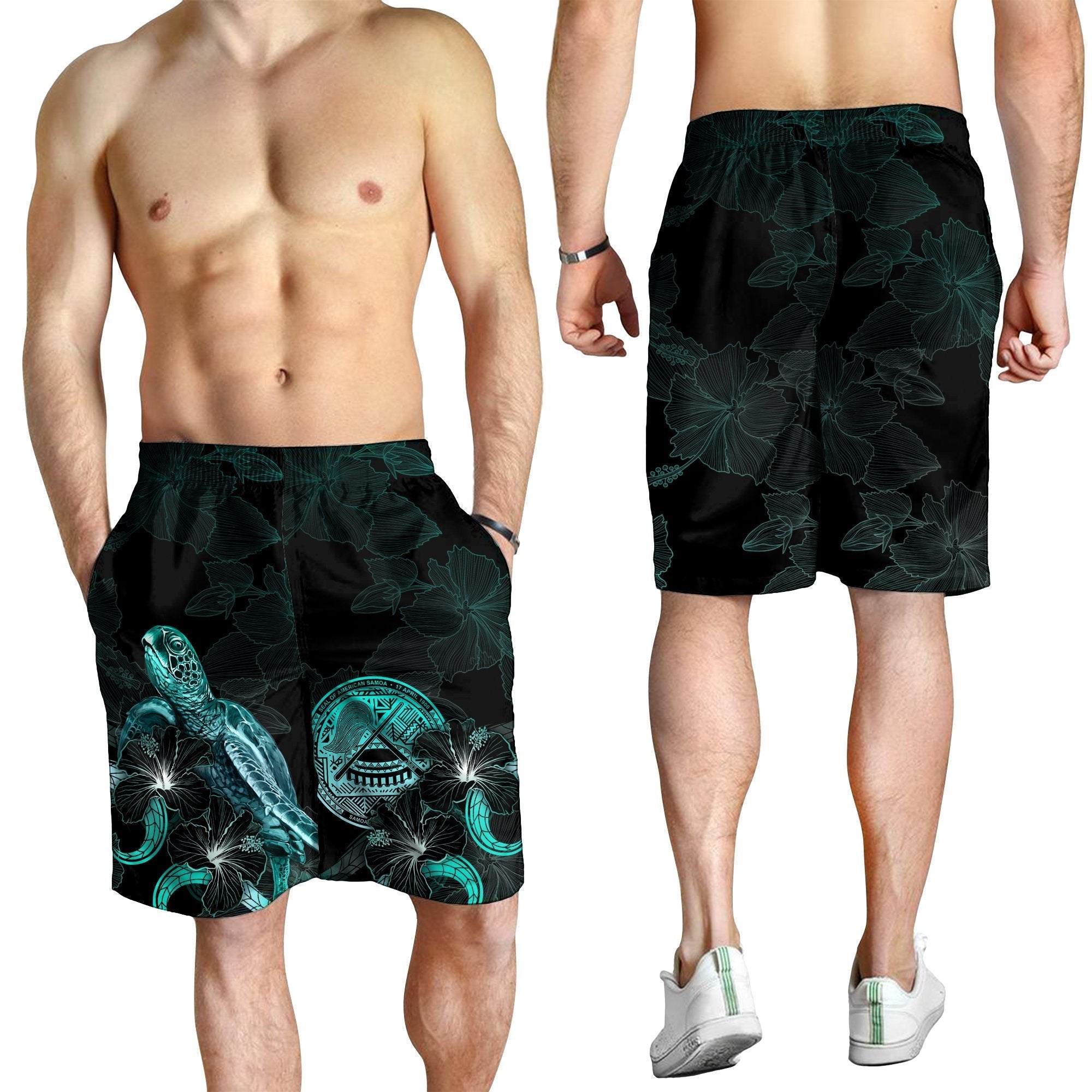 American Samoa Polynesian Men's Shorts - Turtle With Blooming Hibiscus Turquoise - Vibe Hoodie Shop