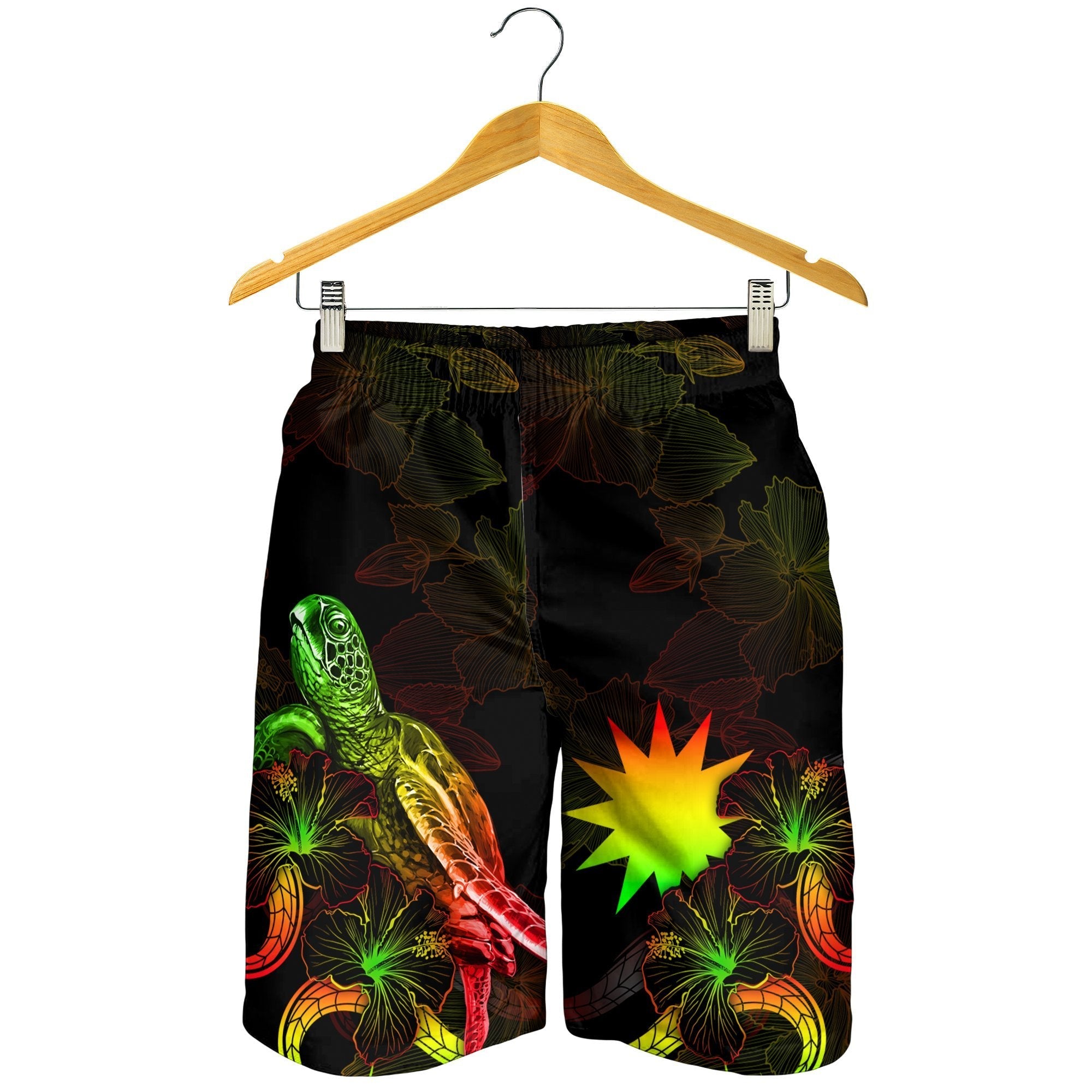 Nauru Polynesian Men's Shorts - Turtle With Blooming Hibiscus Reggae - Vibe Hoodie Shop