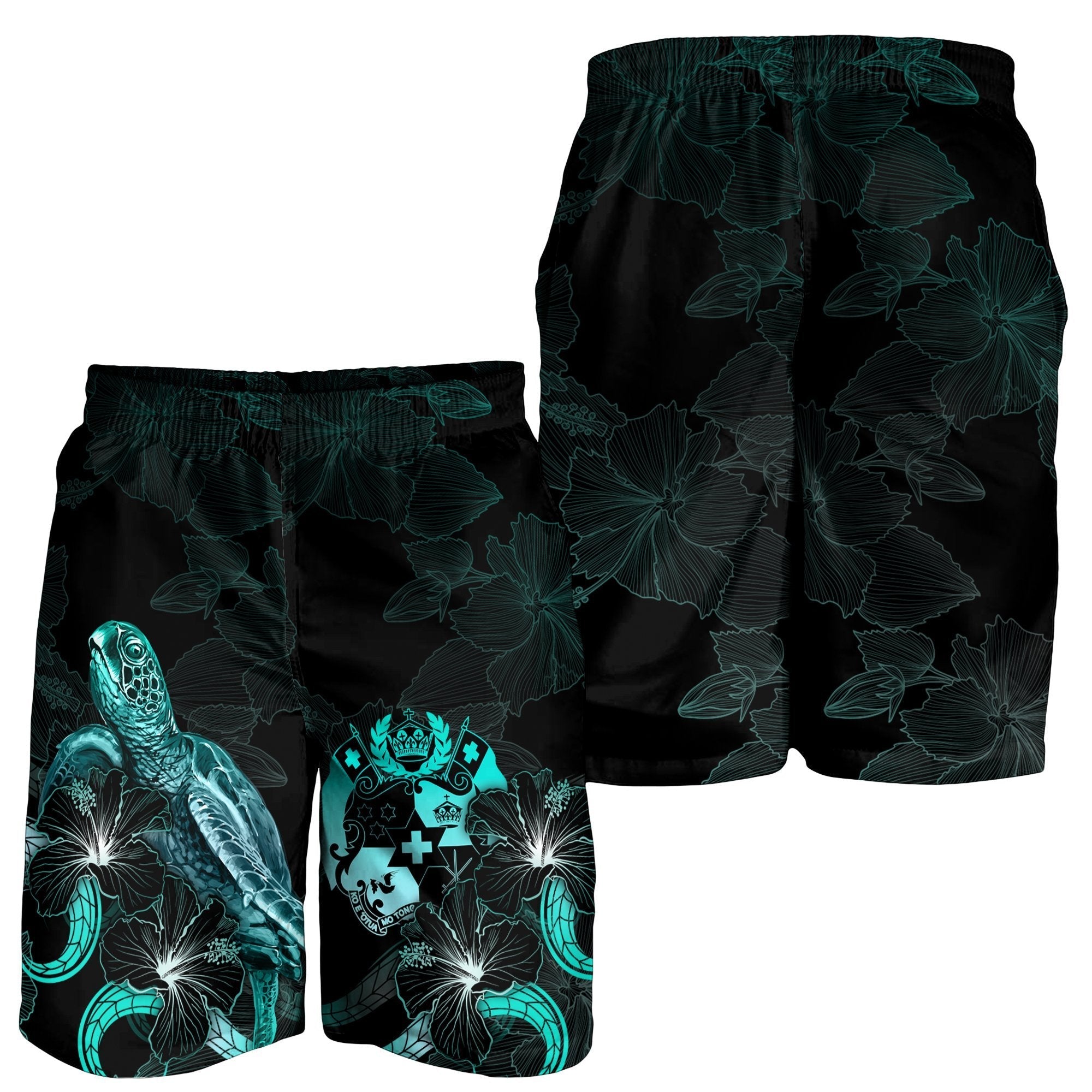 Tonga Polynesian Men's Shorts - Turtle With Blooming Hibiscus Turquoise - Vibe Hoodie Shop