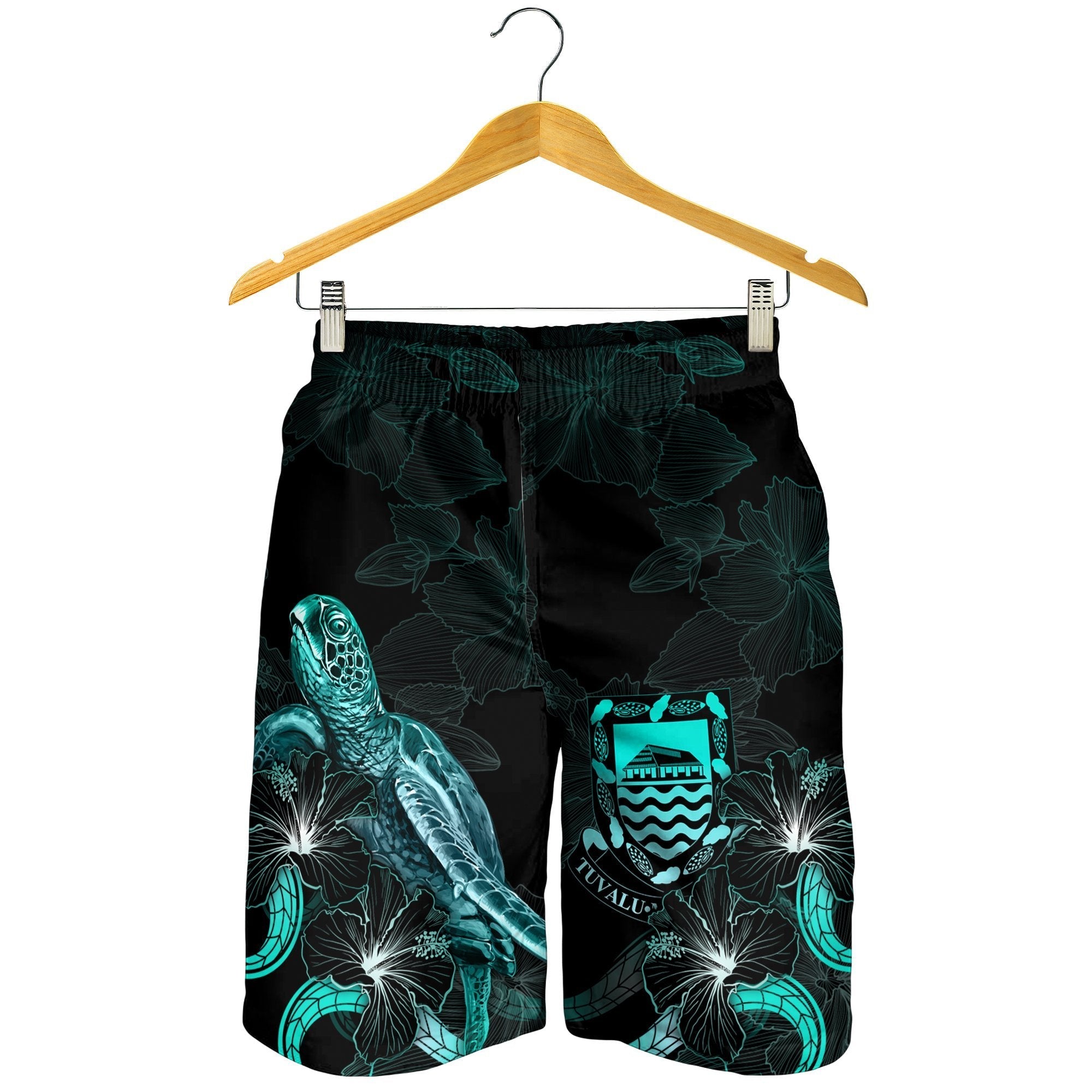 Tuvalu Polynesian Men's Shorts - Turtle With Blooming Hibiscus Turquoise - Vibe Hoodie Shop