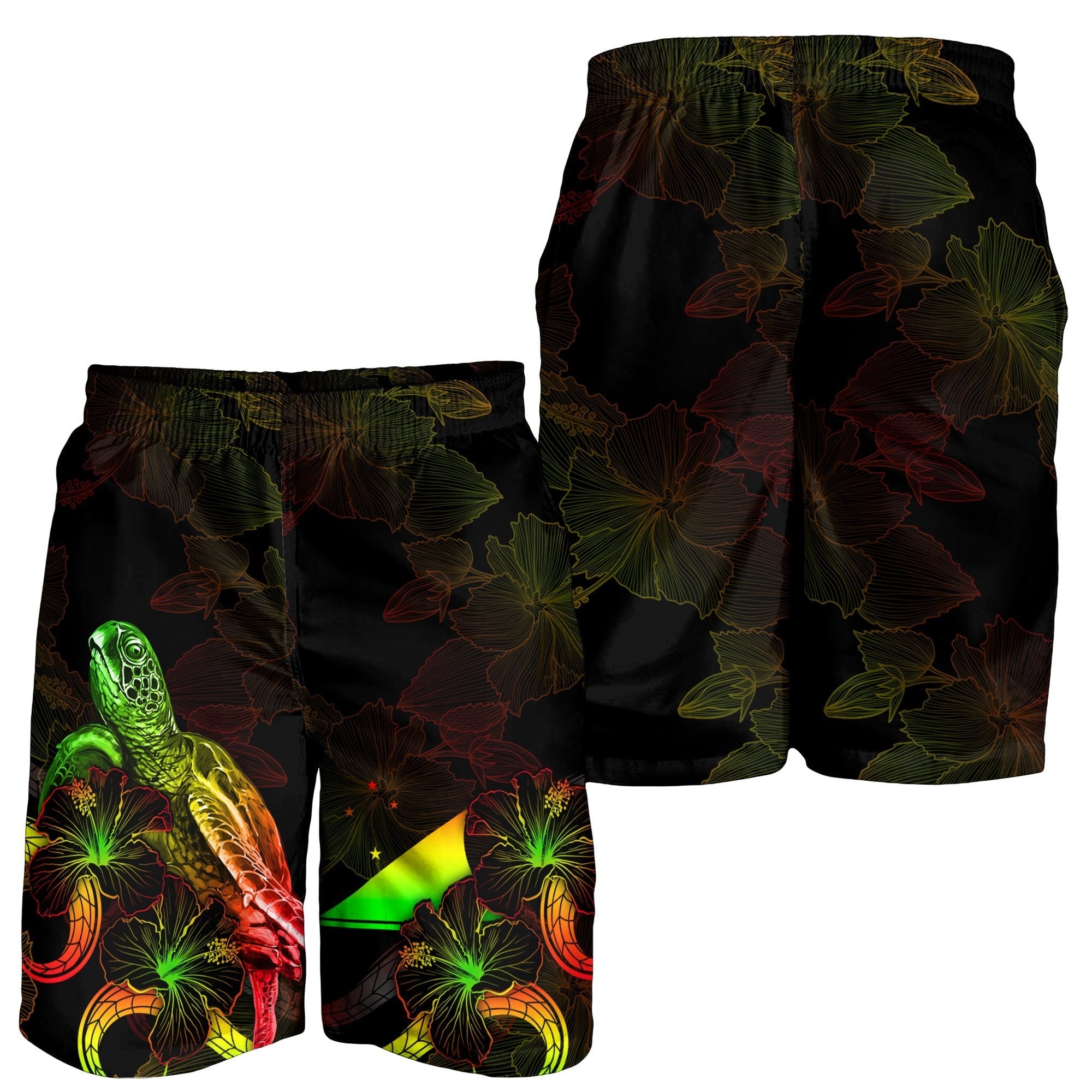 Tokelau Polynesian Men's Shorts - Turtle With Blooming Hibiscus Reggae - Vibe Hoodie Shop