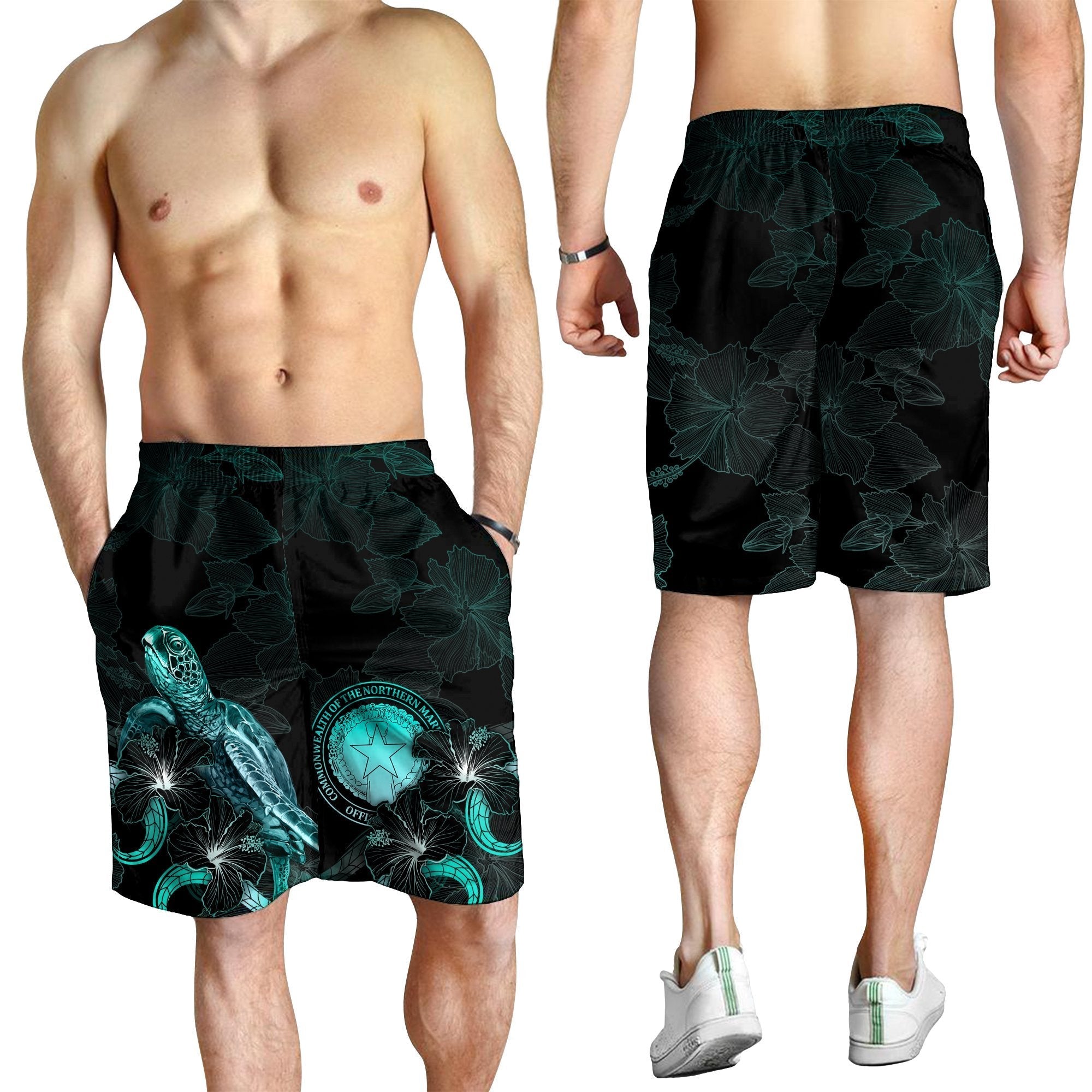 CNMI Polynesian Men's Shorts - Turtle With Blooming Hibiscus Turquoise - Vibe Hoodie Shop