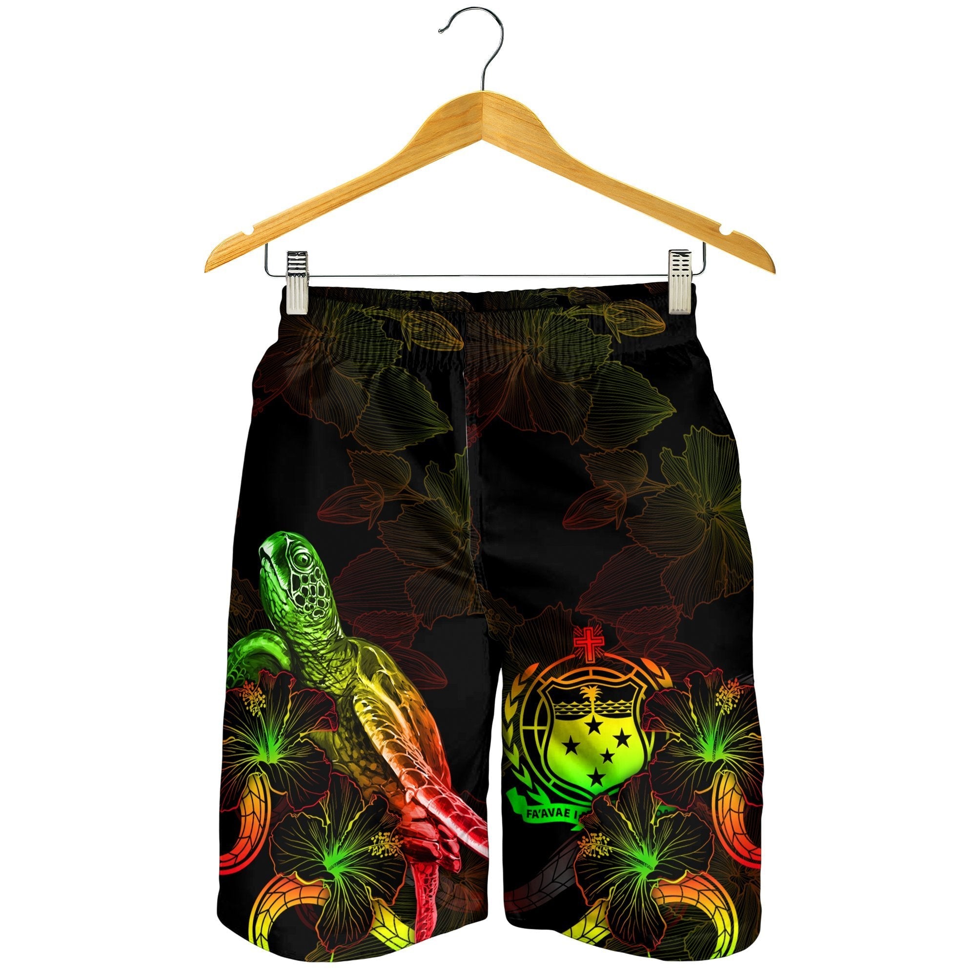 Samoa Polynesian Men's Shorts - Turtle With Blooming Hibiscus Reggae - Vibe Hoodie Shop