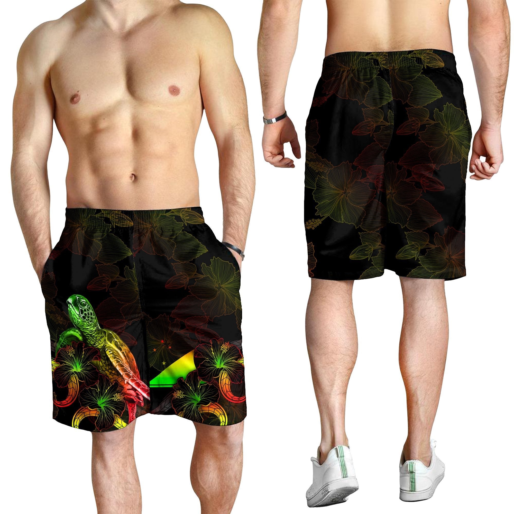 Tokelau Polynesian Men's Shorts - Turtle With Blooming Hibiscus Reggae - Vibe Hoodie Shop