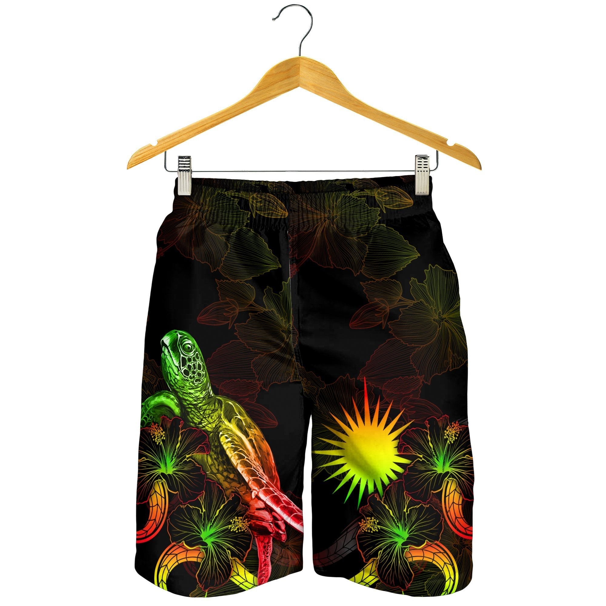 Marshall Islands Polynesian Men's Shorts - Turtle With Blooming Hibiscus Reggae - Vibe Hoodie Shop