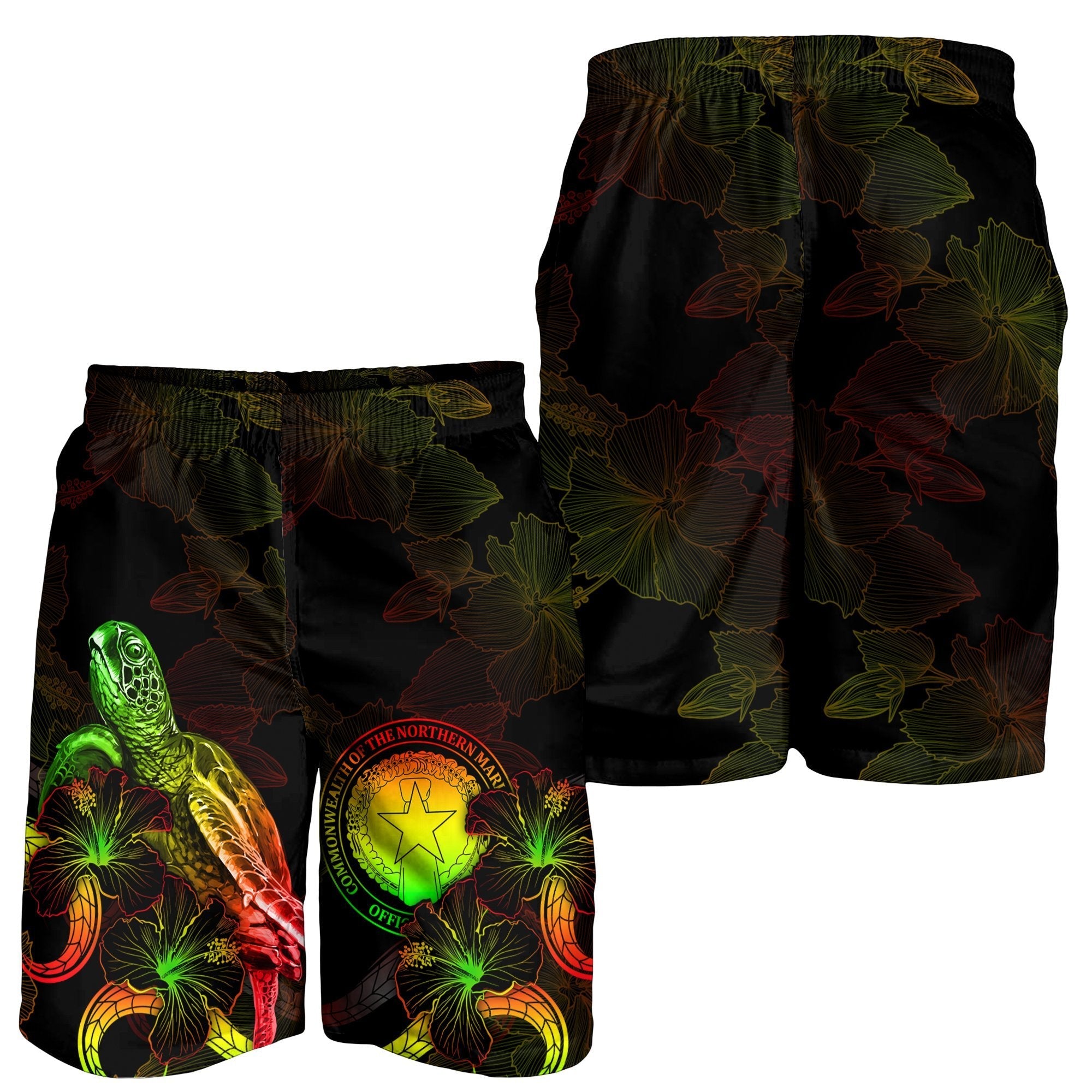 CNMI Polynesian Men's Shorts - Turtle With Blooming Hibiscus Reggae - Vibe Hoodie Shop