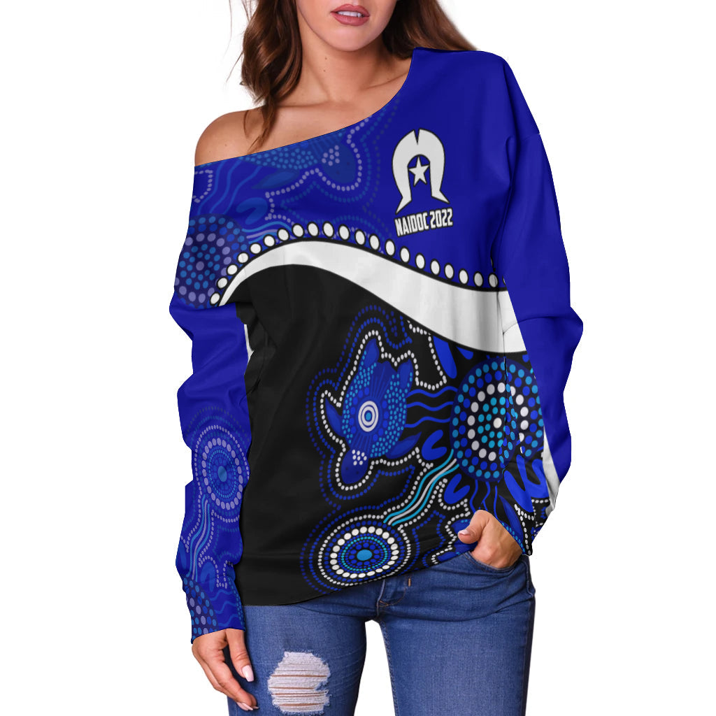 NAIDOC Week 2022 Women Off Shoulder Sweater Torres Strait Islanders Version Blue Aboriginal Turtles - Vibe Hoodie Shop