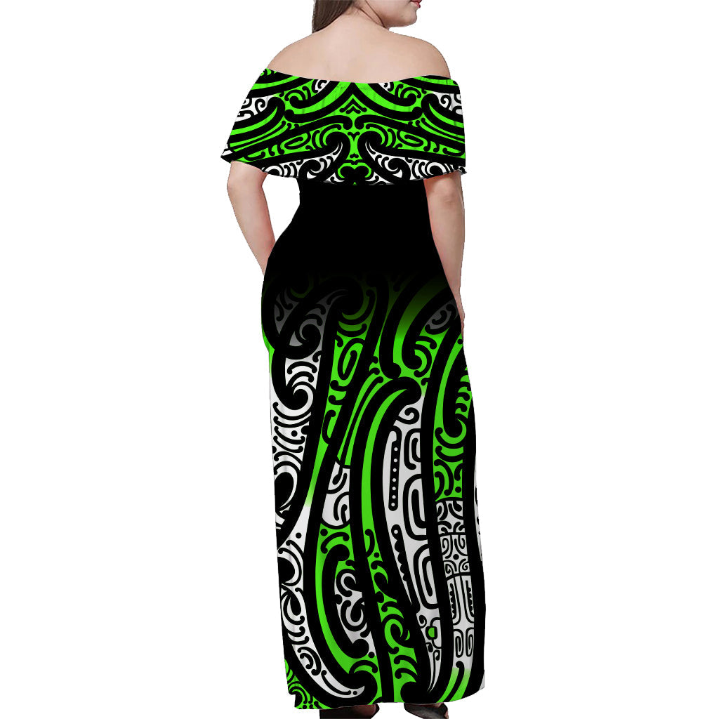 New Zealand Off Shoulder Long Dress Maori NZ Unique Green - Vibe Hoodie Shop