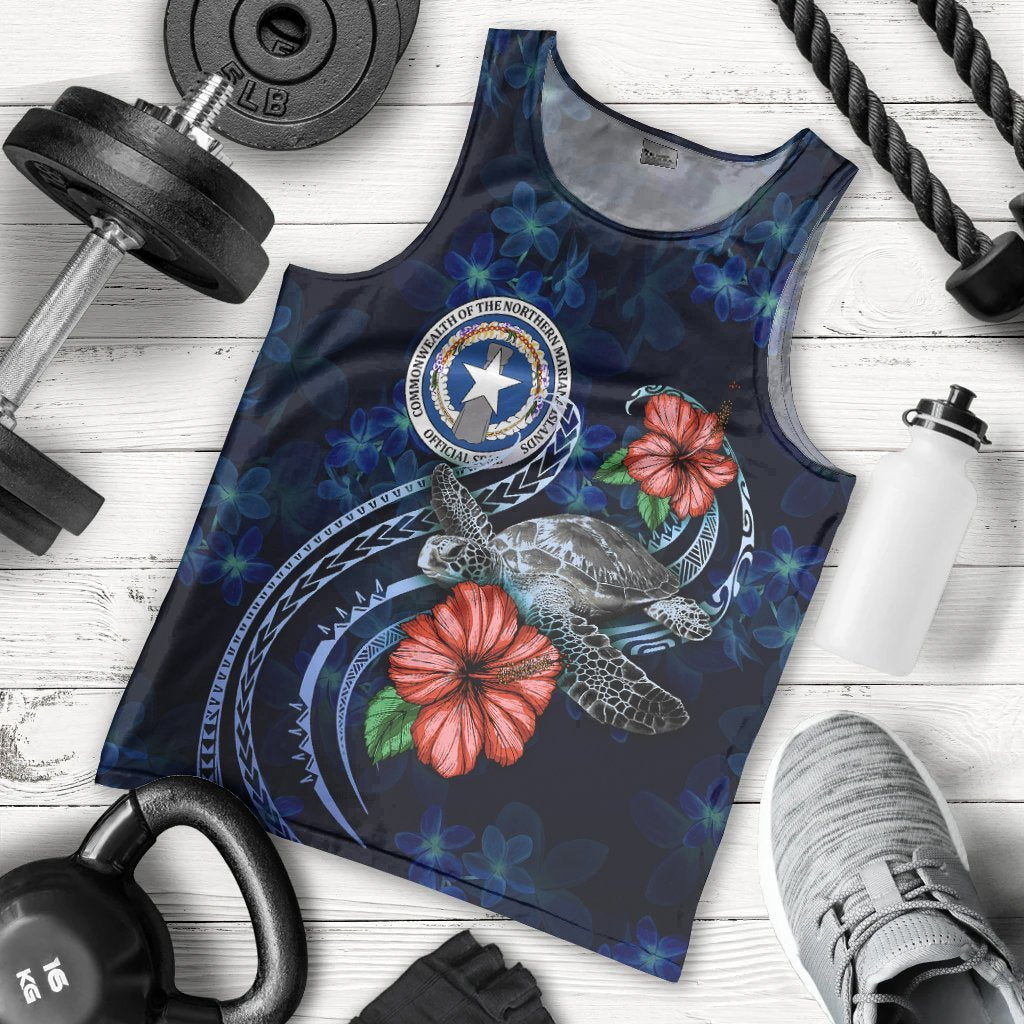 Northern Mariana Islands Polynesian Men Tank Top - Blue Turtle Hibiscus - Vibe Hoodie Shop