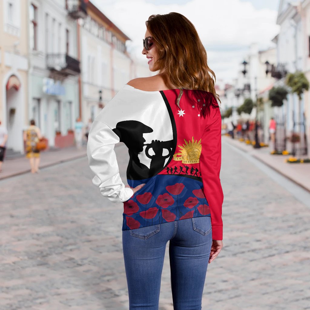 ANZAC Day Women's Off Shoulder Sweater - We will remember Them - Vibe Hoodie Shop