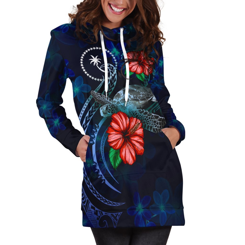 Chuuk Polynesian Hoodie Dress - Blue Turtle Hibiscus - Vibe Hoodie Shop