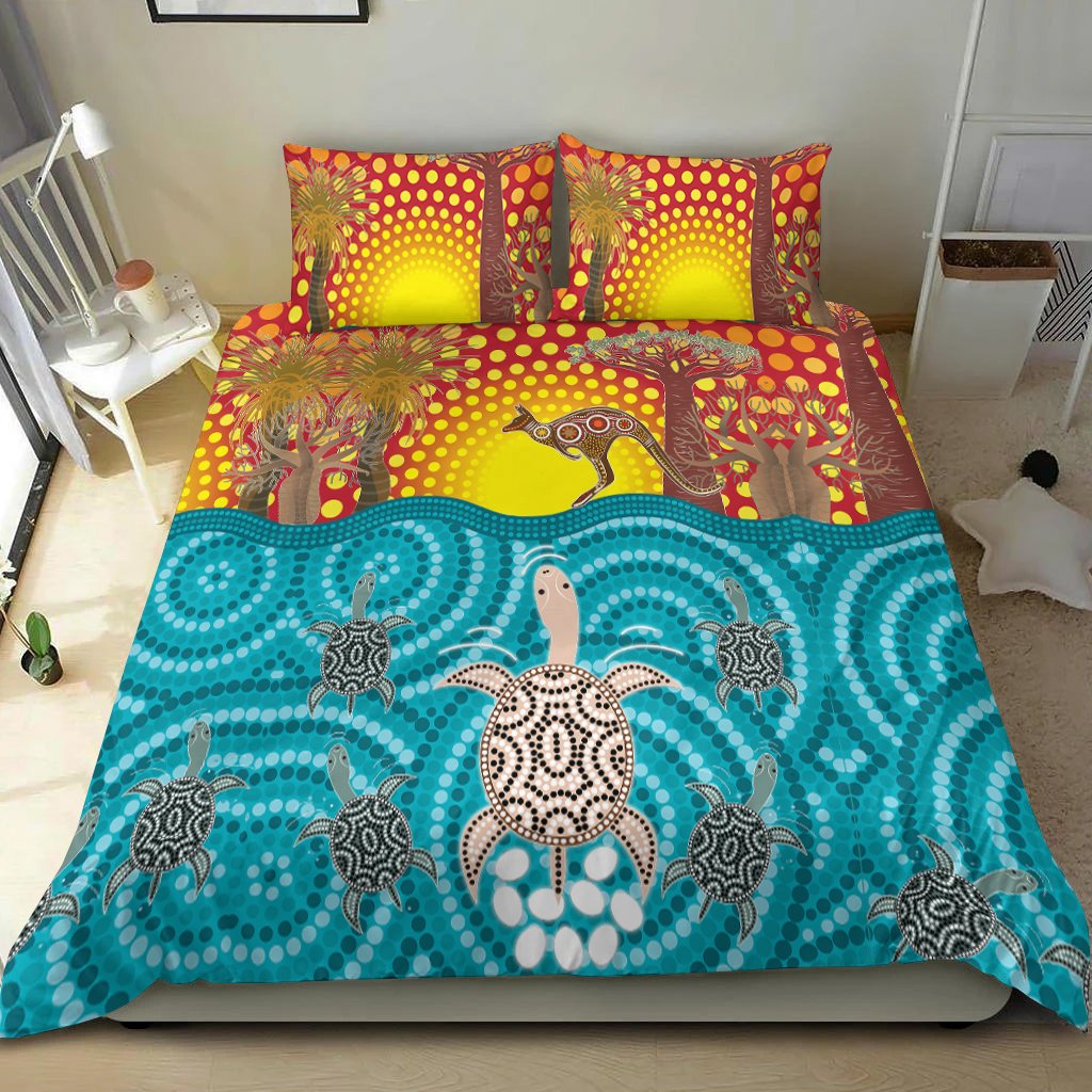 Aboriginal Bedding Set - Turtle and Kangaroo - Aboriginal Life - Vibe Hoodie Shop