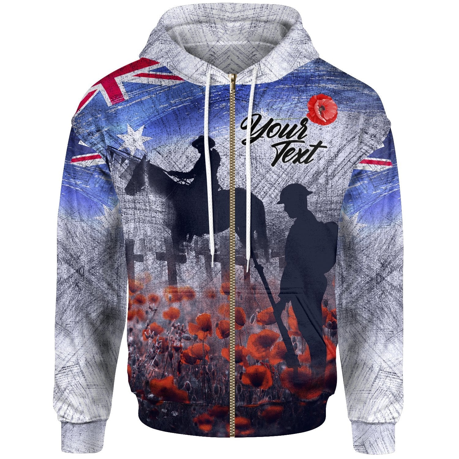 (Custom Text) ANZAC Day Zip - Up Hoodie - Lest We Forget Vintage Poppies - Vibe Hoodie Shop