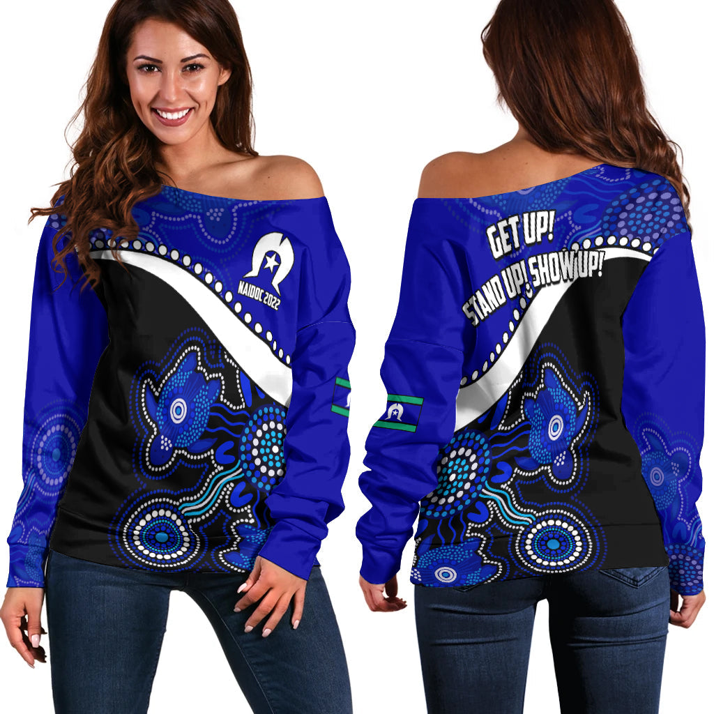 NAIDOC Week 2022 Women Off Shoulder Sweater Torres Strait Islanders Version Blue Aboriginal Turtles - Vibe Hoodie Shop