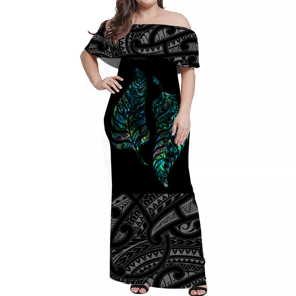 New Zealand Maori Off Shoulder Long Dress Aotearoa Mix Silver Fern Paua Shell Ver.01 - Vibe Hoodie Shop