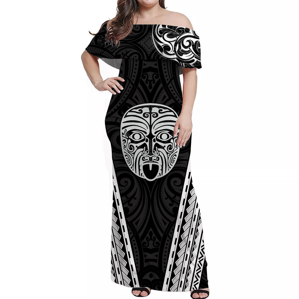 New Zealand Maori Off Shoulder Long Dress Mix Ta Moko - Vibe Hoodie Shop