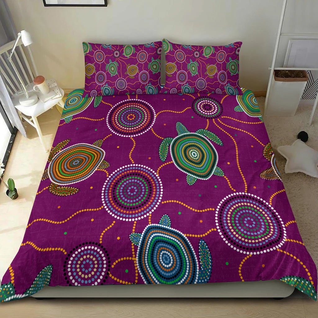 Bedding Set - Aboriginal Turtle Purple Australia Dot Patterns - Vibe Hoodie Shop