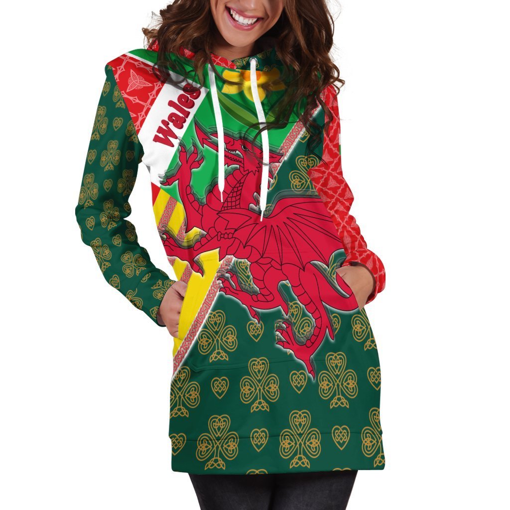 Celtic Wales Hoodie Dress - Cymru Dragon and Daffodils - Vibe Hoodie Shop