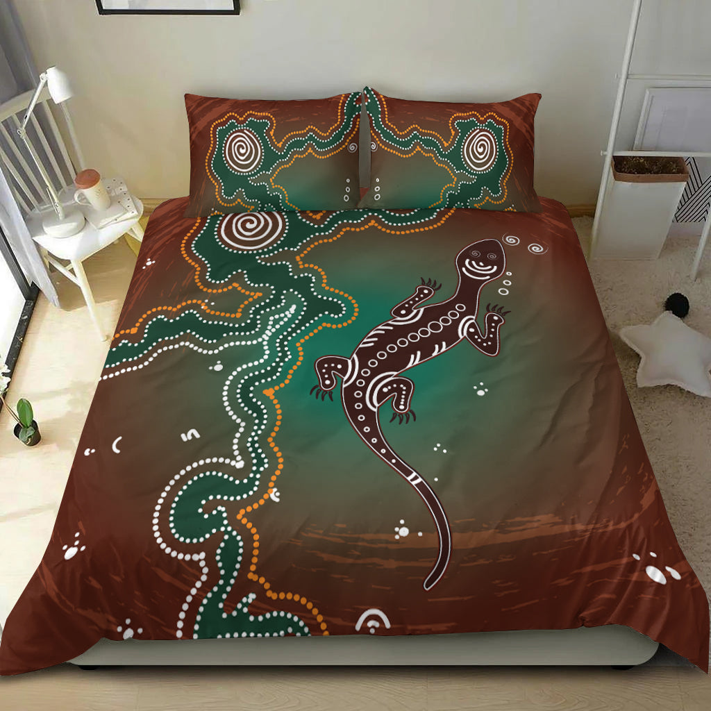 Aboriginal Lizard Bedding Set - Indigenous Dot Painting Art - - Vibe Hoodie Shop