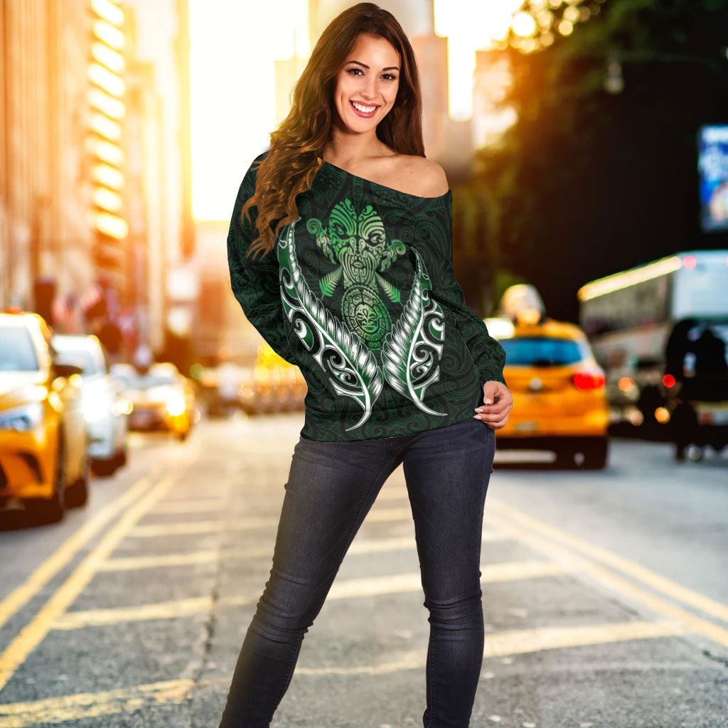 New Zealand Silver Fern Women Off Shoulder Sweater Green - - Vibe Hoodie Shop