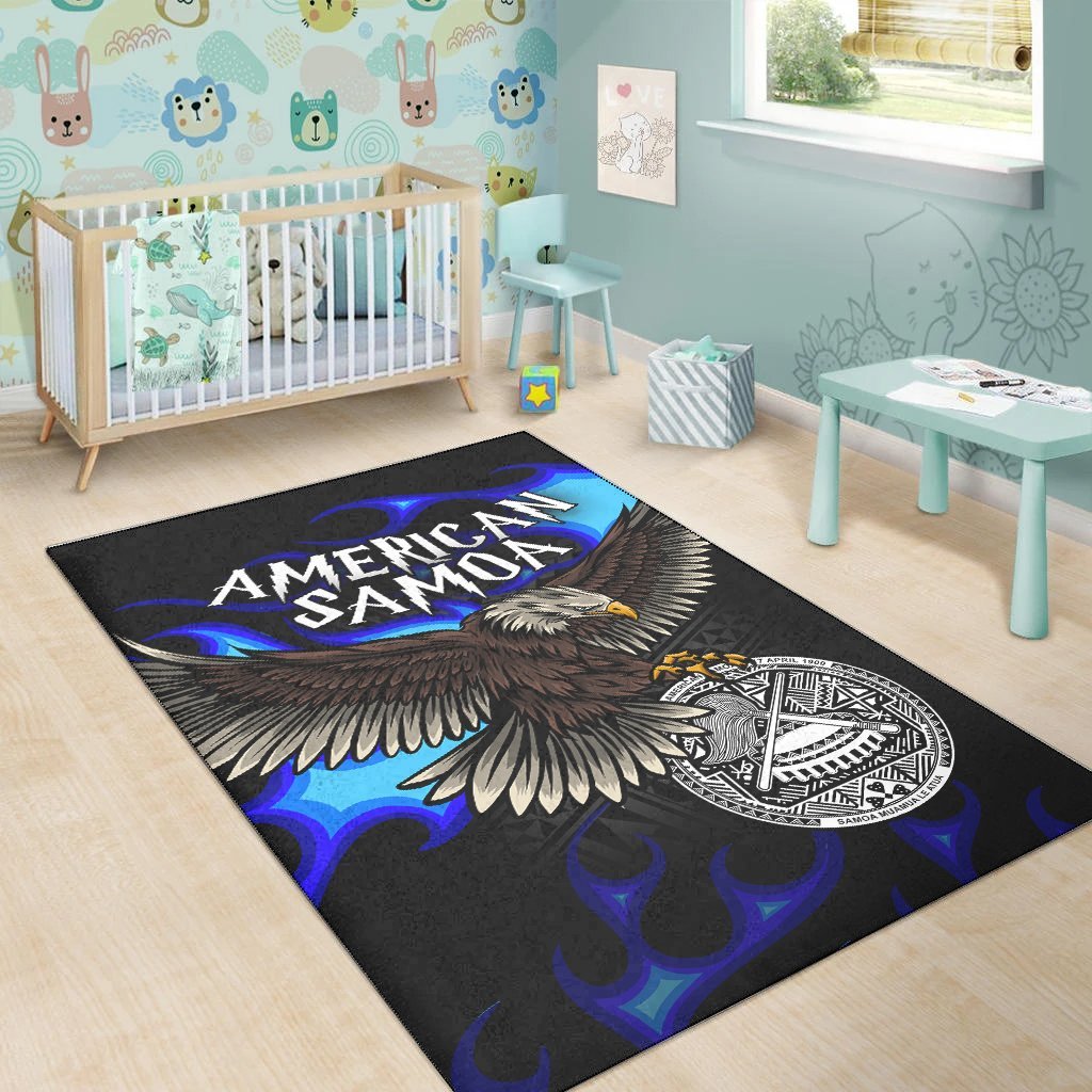 American Samoa Polynesian Area Rug - Eagle With Flame Blue - Vibe Hoodie Shop