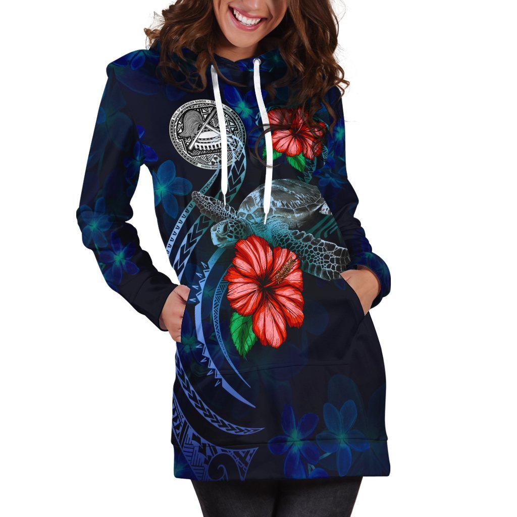 American Samoa Polynesian Hoodie Dress - Blue Turtle Hibiscus - Vibe Hoodie Shop