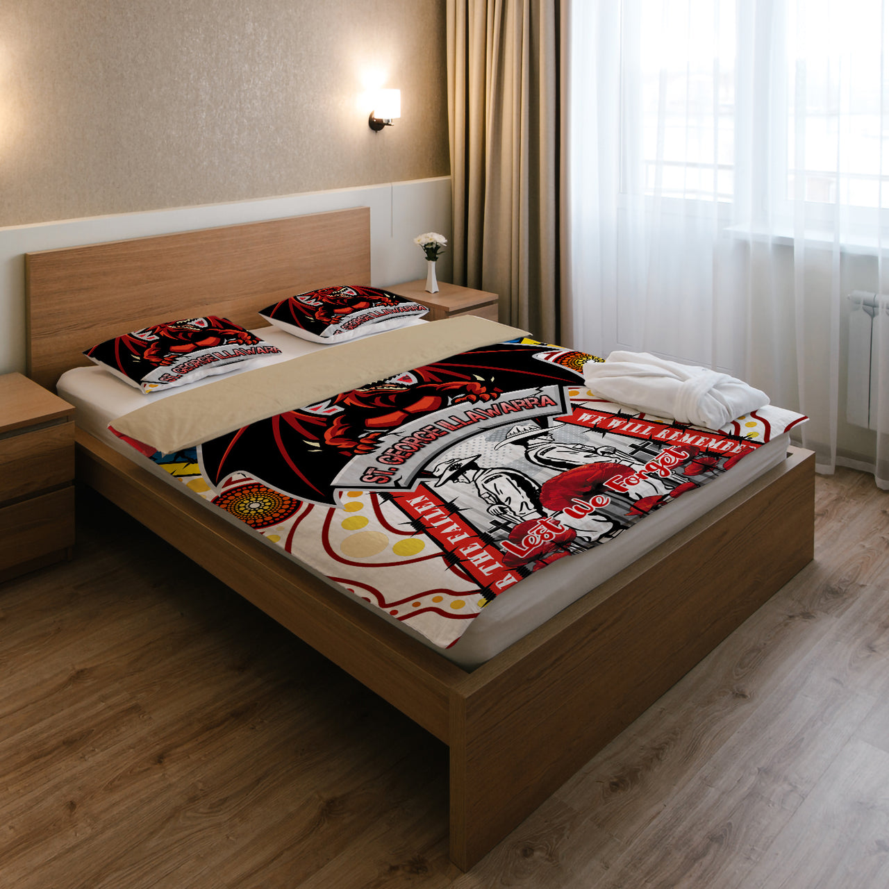St. George Rugby ANZAC Day Watercolour Custom Bedding Set - Remembrance Dragons With Poppy Flower RLT13 - Vibe Hoodie Shop