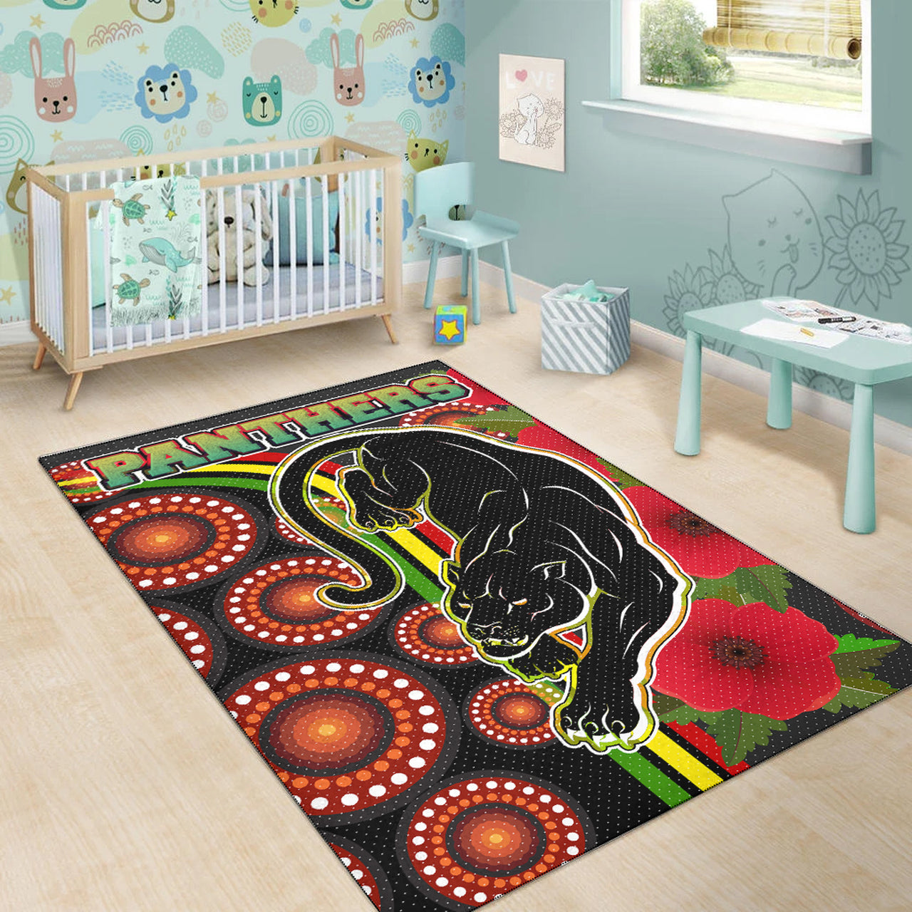 Panthers Rugby Area Rug - Aboriginal Panthers ANZAC Day Panther With Poppy Flower Area Rug RLT12 - Vibe Hoodie Shop