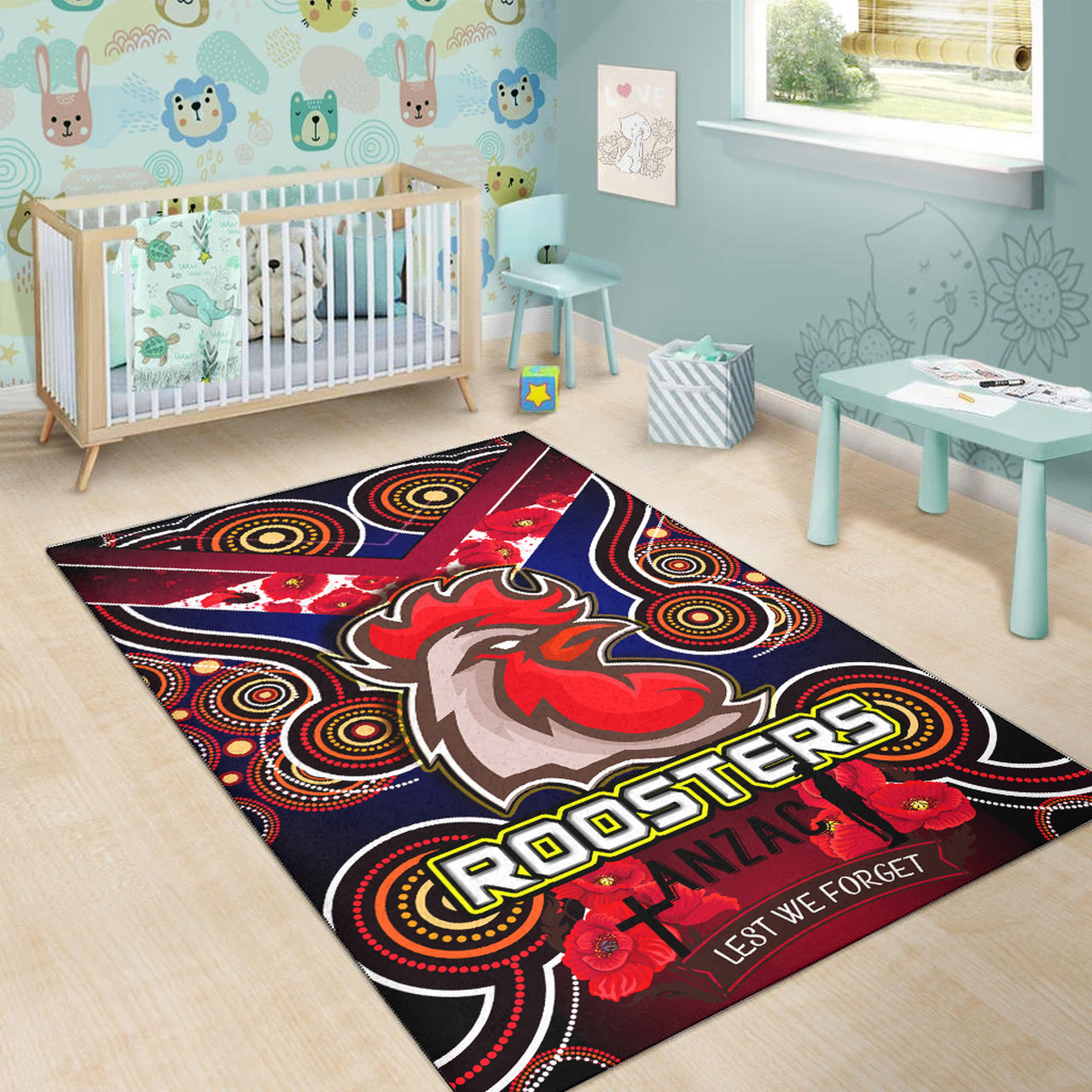 Roosters Rugby Area Rug - Aboriginal Rooster ANZAC Day Lest We Forget With Poppy Flower Patterns Area Rug RLT12 - Vibe Hoodie Shop