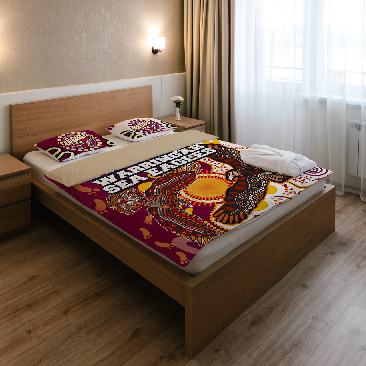 Sea Eagles Aboriginal Rugby Bedding Set - Double Sea Eagles With Tribal Sun And Footprints RLT13 - Vibe Hoodie Shop