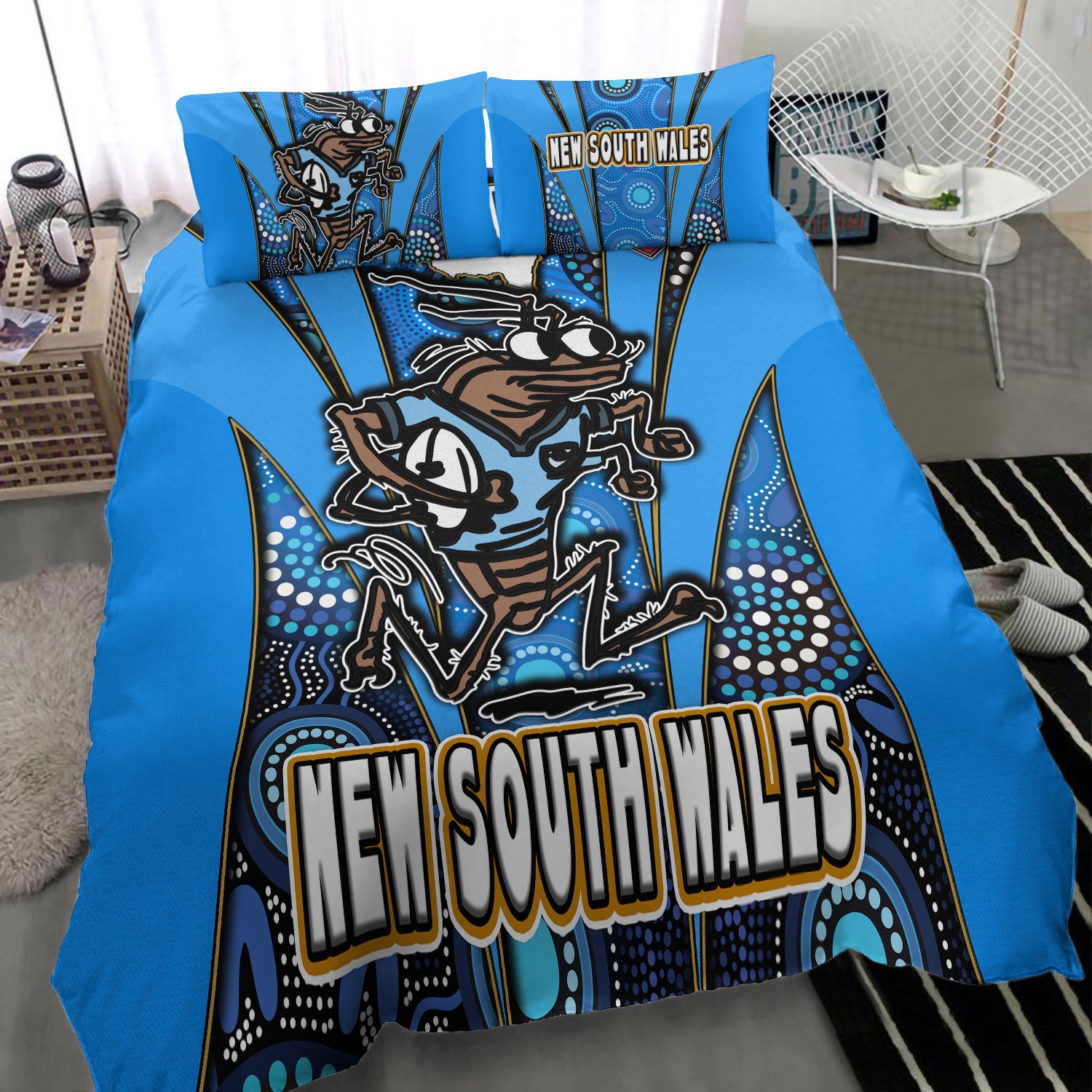 New South Wales Rugby League Team Bedding Set - New South Wales Blues Mascot With Aboriginal Art STATE OF ORIGIN Bedding Set - Vibe Hoodie Shop