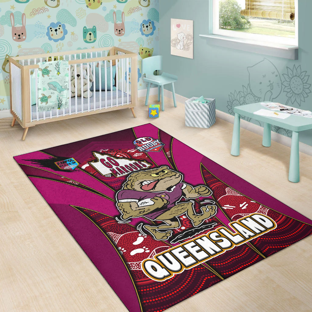 Queensland Rugby League Team Area Rug - Queensland Maroons Mascot With Aboriginal Art STATE OF ORIGIN Area Rug - Vibe Hoodie Shop