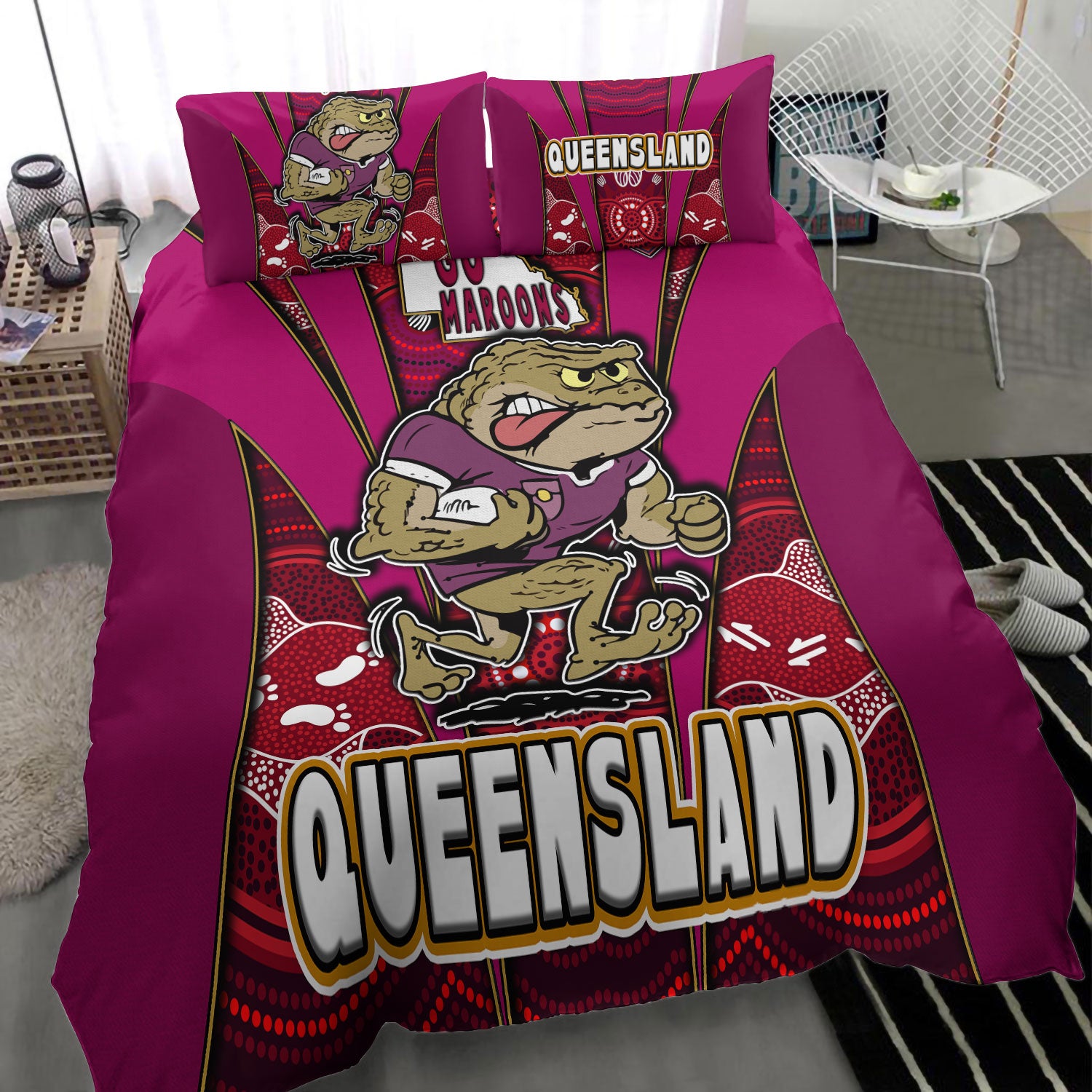 Queensland Rugby League Team Bedding Set - Queensland Maroons Mascot With Aboriginal Art STATE OF ORIGIN Bedding Set - Vibe Hoodie Shop