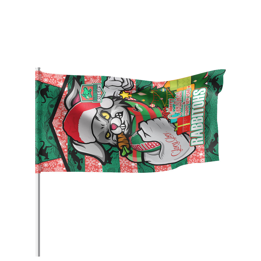 Rabbitohs Christmas Rugby Custom Flag - Merry Christmas Super Rabbitohs With Rugby Ball And Aboriginal Patterns Flag - Vibe Hoodie Shop