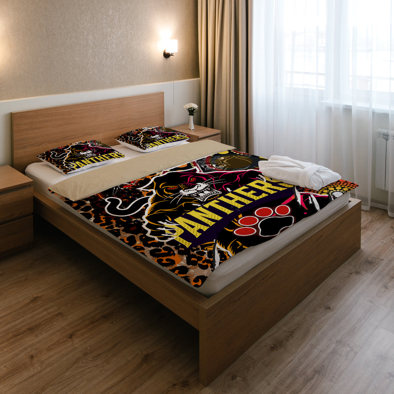 Panthers Rugby League Football Club Bedding Set - The Indigenous Wild Black Panthers Scratch Style RLT13 - Vibe Hoodie Shop